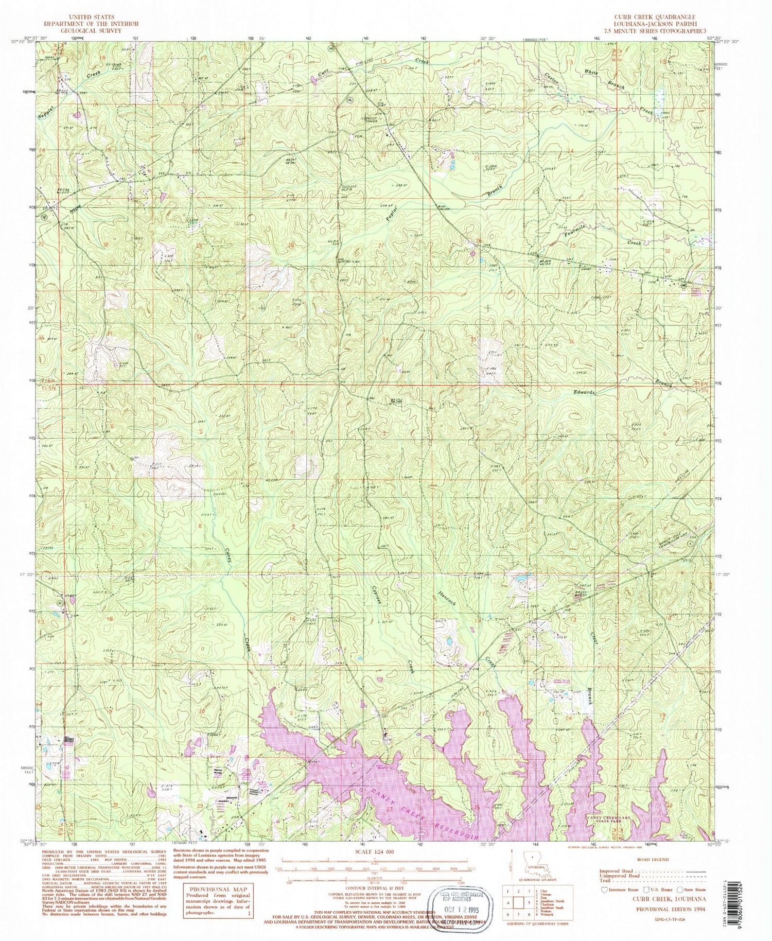 Classic USGS Curr Creek Louisiana 7.5'x7.5' Topo Map Image