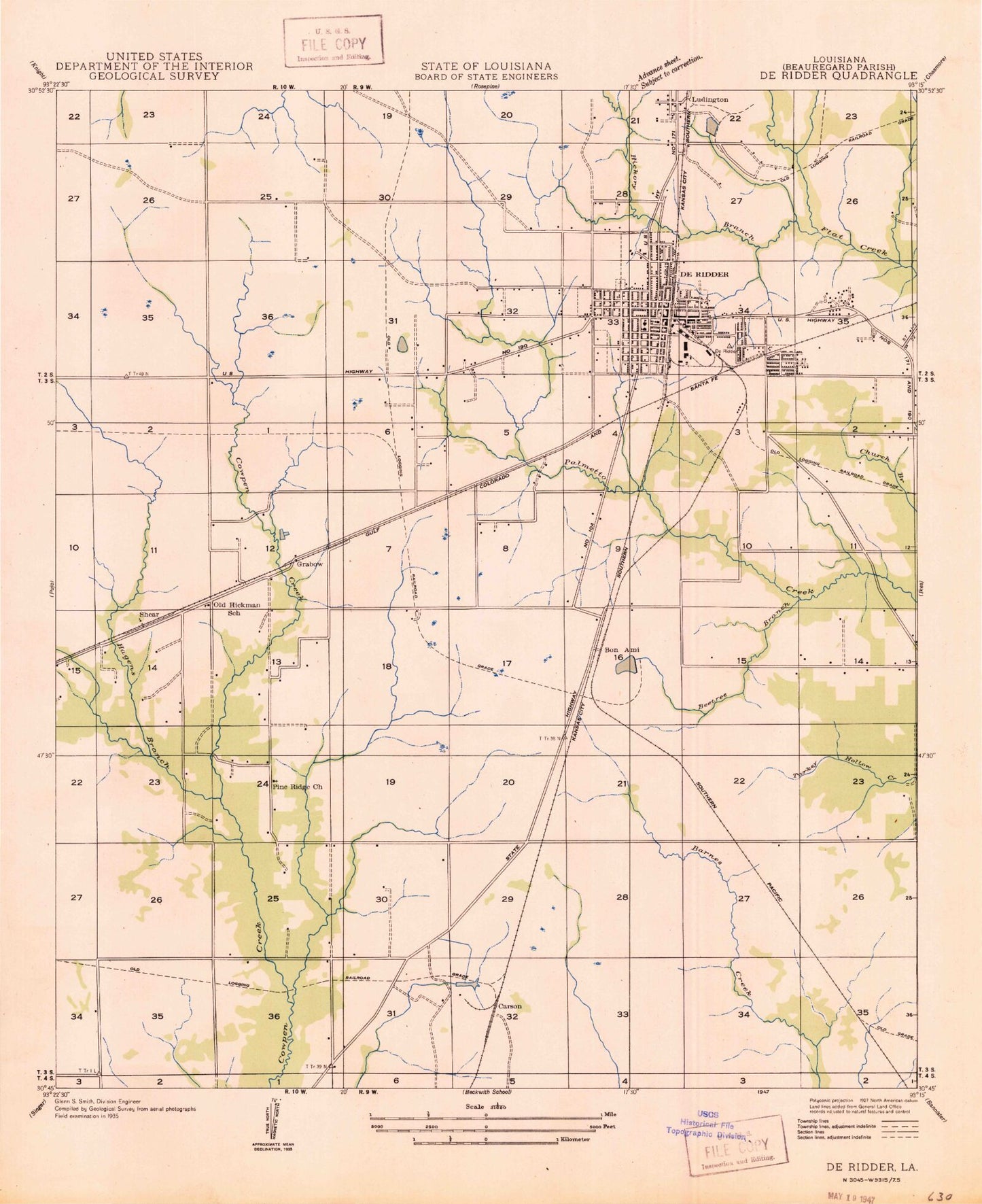 Classic USGS DeRidder Louisiana 7.5'x7.5' Topo Map Image