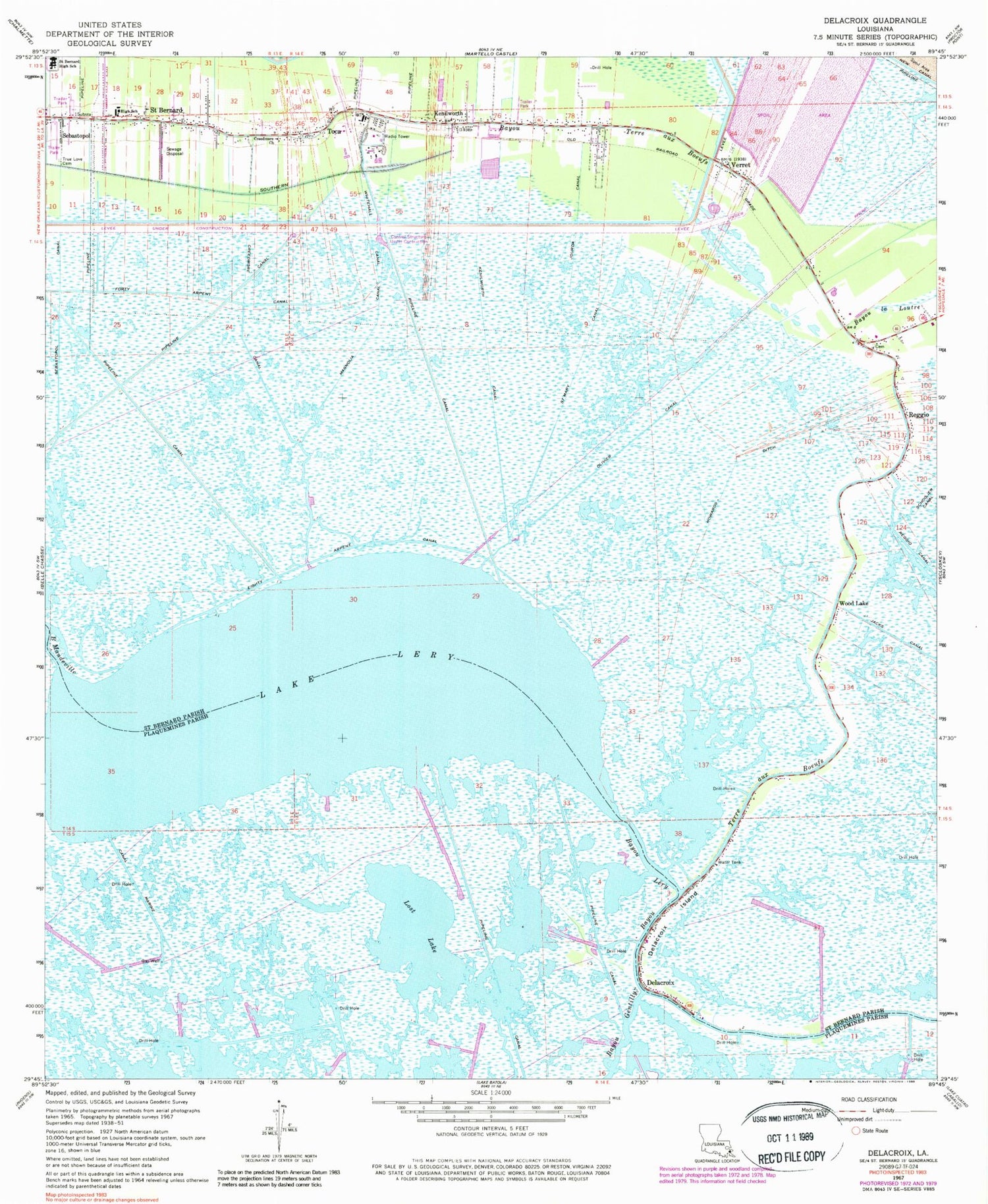 Classic USGS Delacroix Louisiana 7.5'x7.5' Topo Map Image