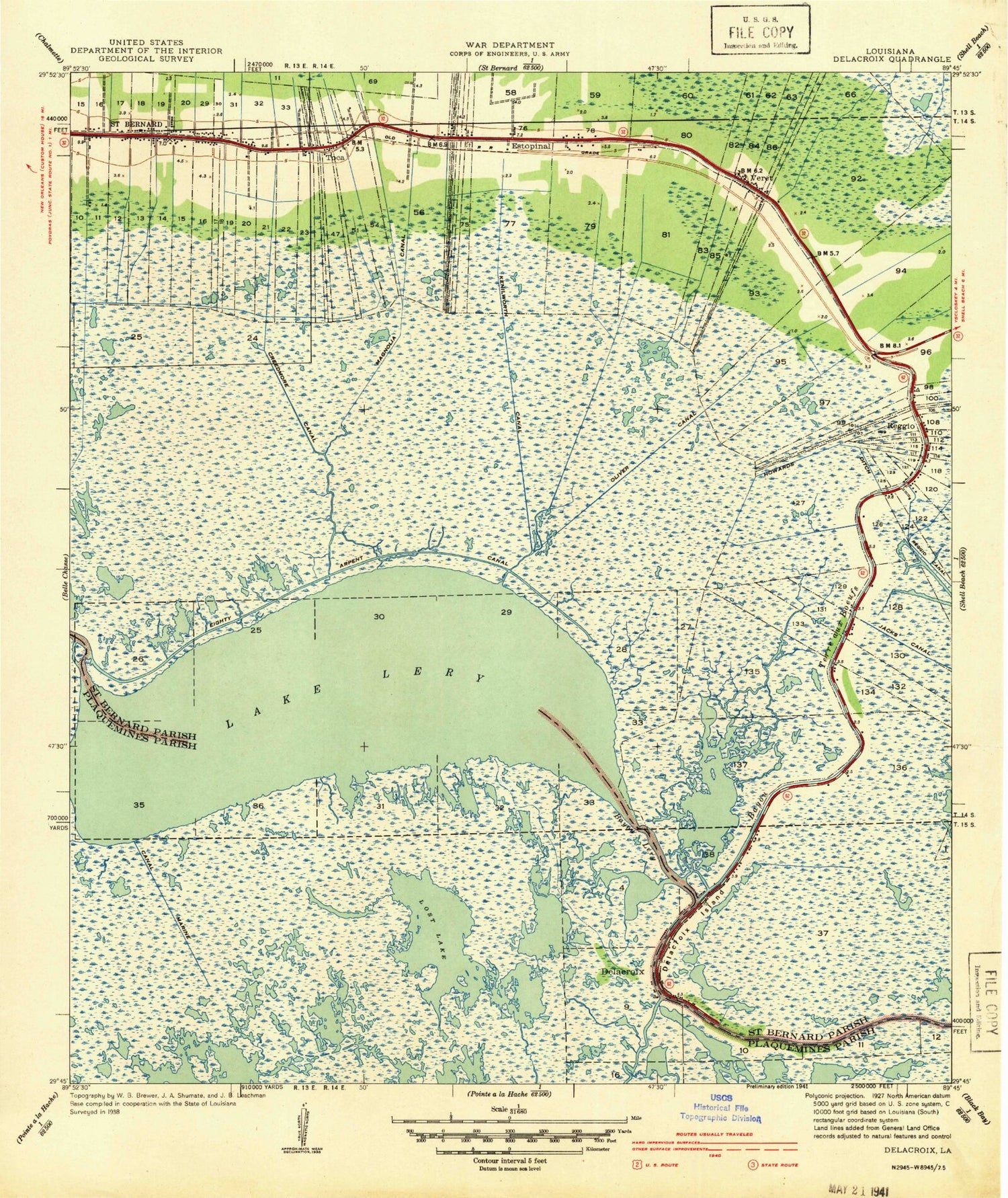 Classic USGS Delacroix Louisiana 7.5'x7.5' Topo Map Image