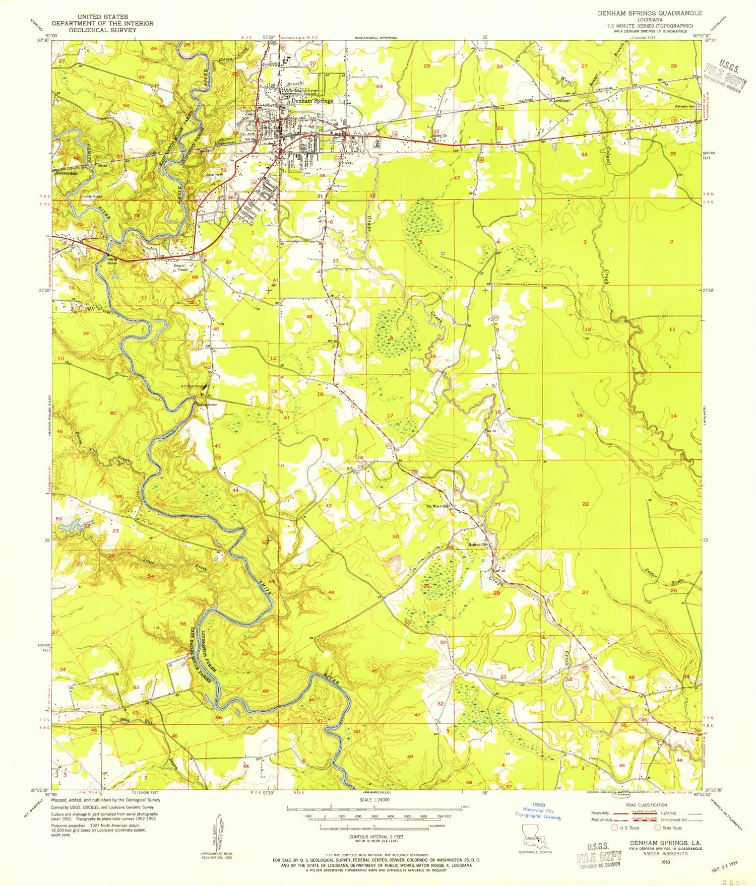 Classic USGS Denham Springs Louisiana 7.5'x7.5' Topo Map Image