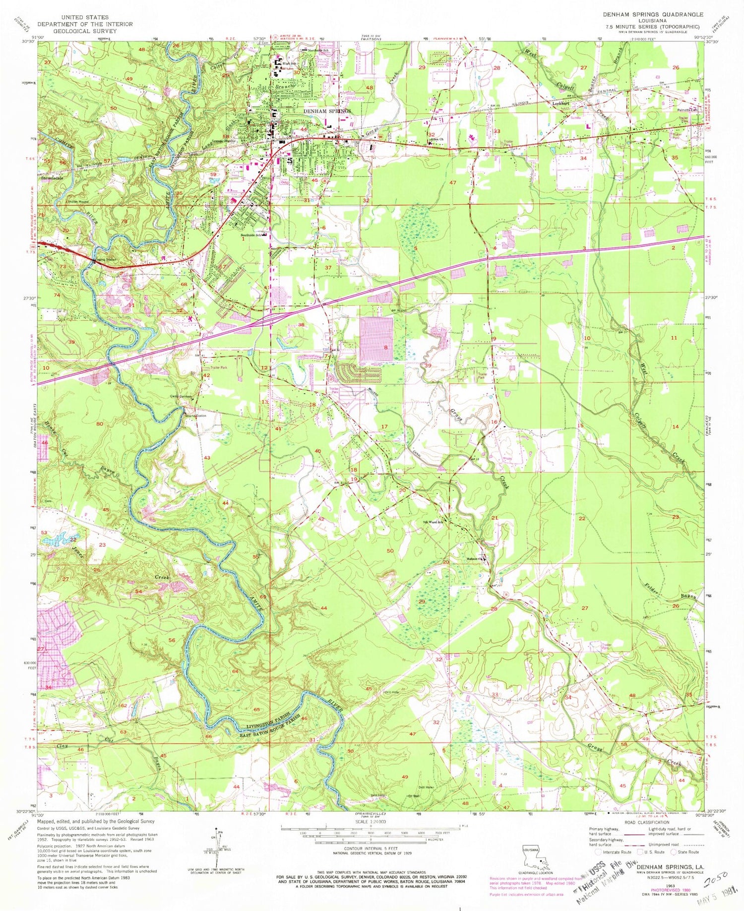 Classic USGS Denham Springs Louisiana 7.5'x7.5' Topo Map Image