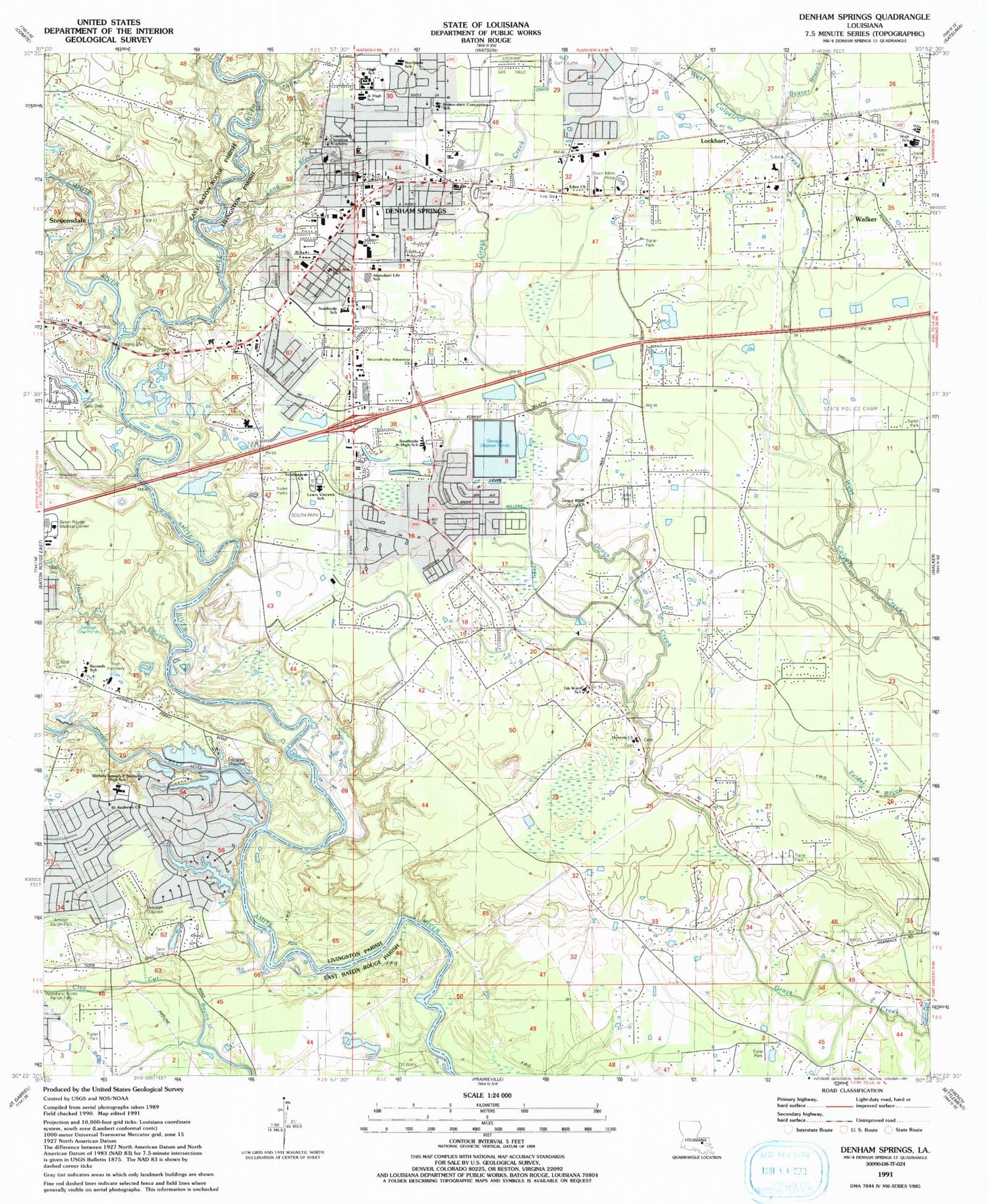 Classic USGS Denham Springs Louisiana 7.5'x7.5' Topo Map Image