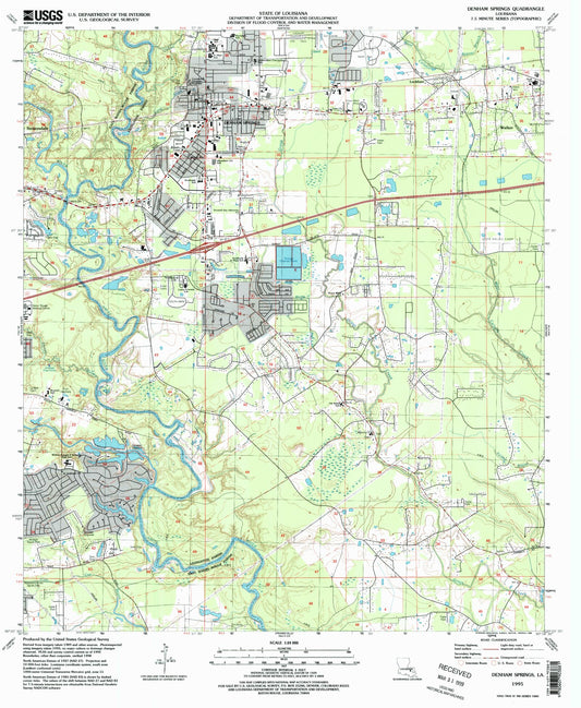 Classic USGS Denham Springs Louisiana 7.5'x7.5' Topo Map Image