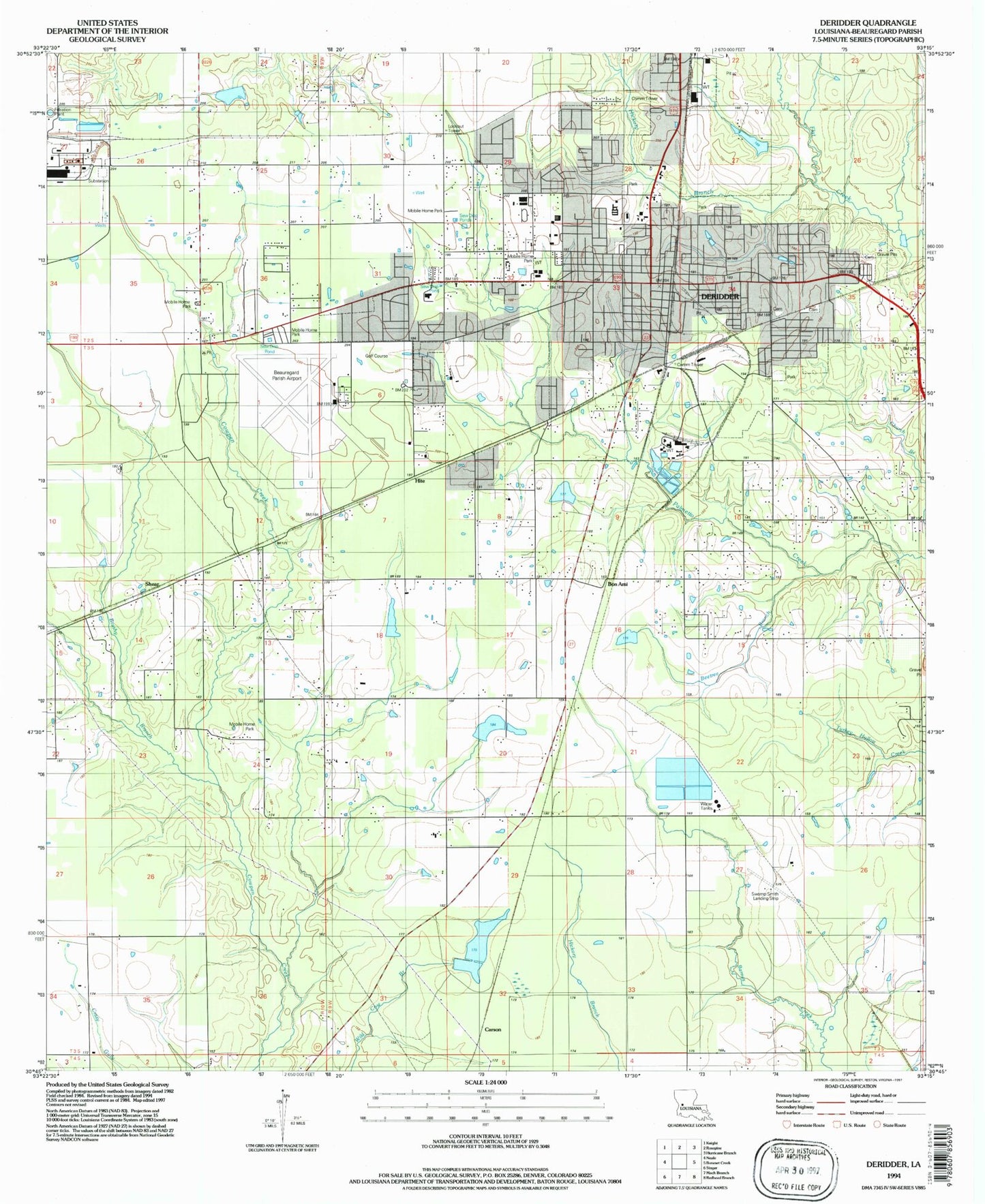 Classic USGS DeRidder Louisiana 7.5'x7.5' Topo Map Image
