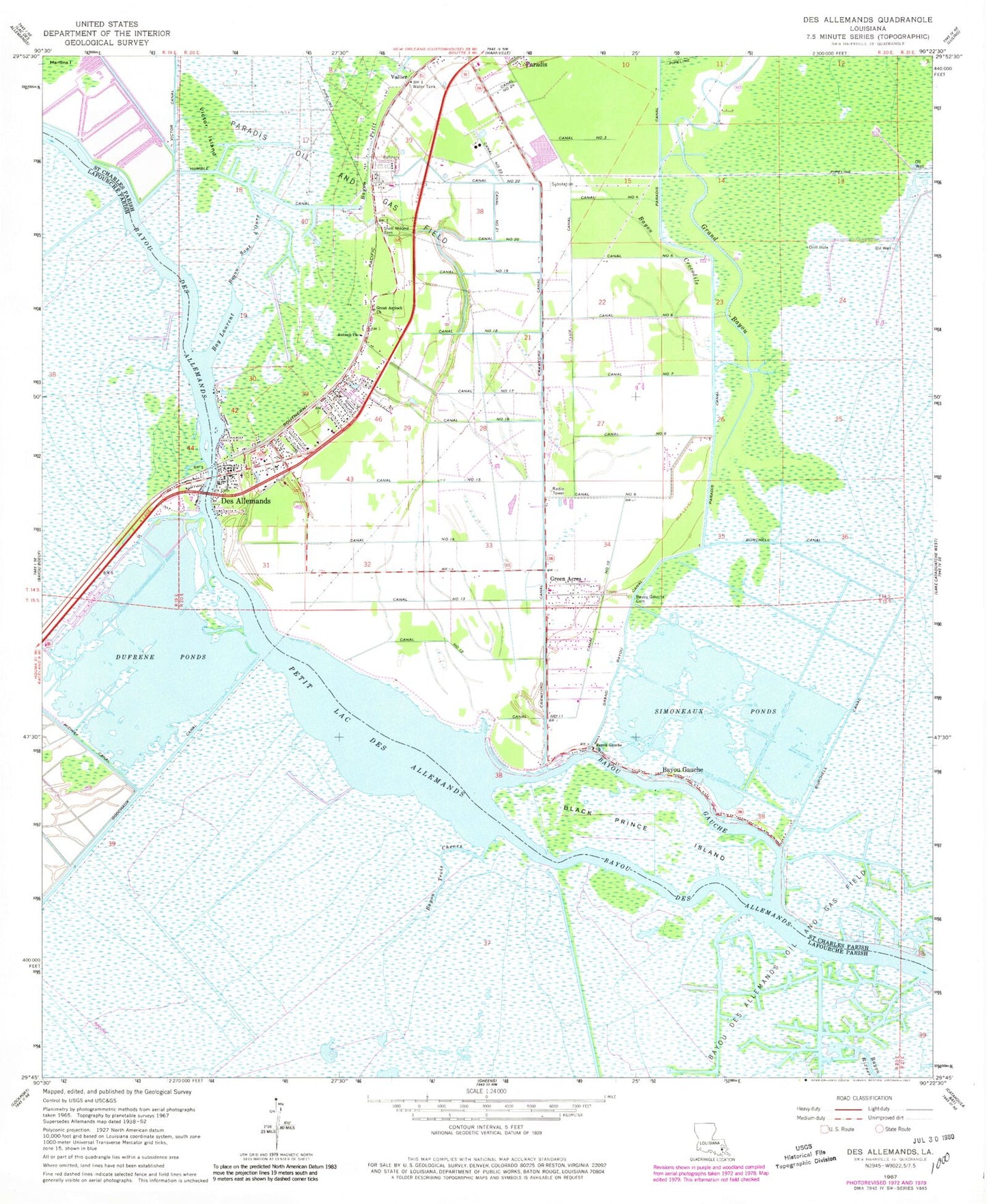 Classic USGS Des Allemands Louisiana 7.5'x7.5' Topo Map Image