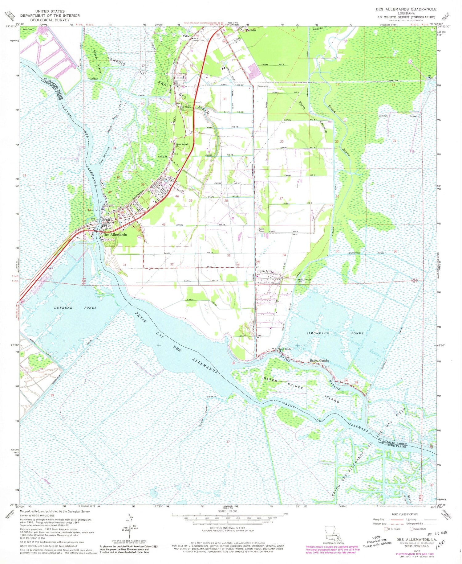 Classic USGS Des Allemands Louisiana 7.5'x7.5' Topo Map Image