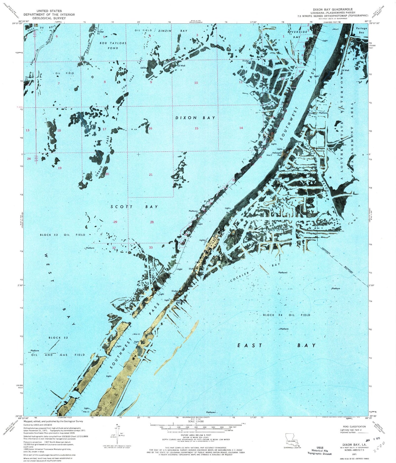 Classic USGS Dixon Bay Louisiana 7.5'x7.5' Topo Map Image