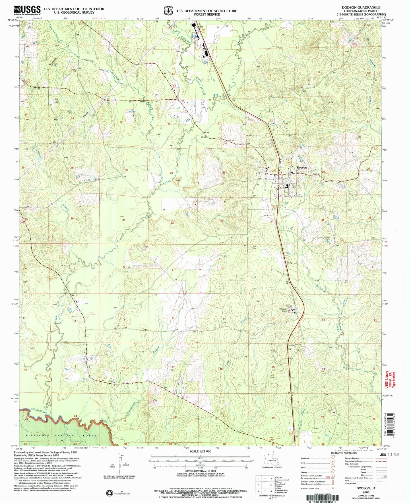 Classic USGS Dodson Louisiana 7.5'x7.5' Topo Map Image