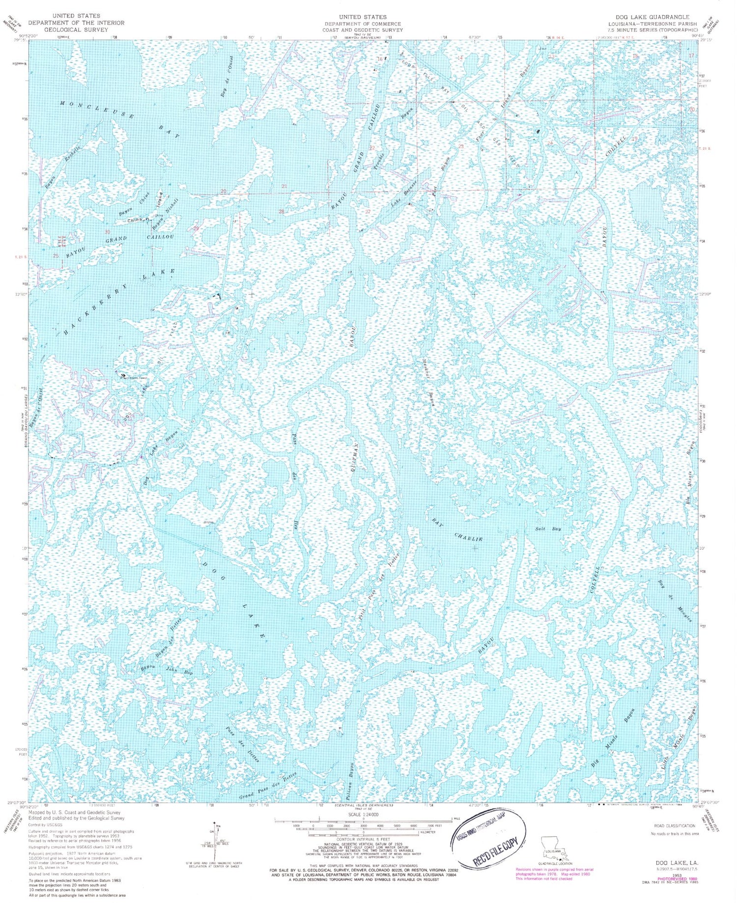 Classic USGS Dog Lake Louisiana 7.5'x7.5' Topo Map Image