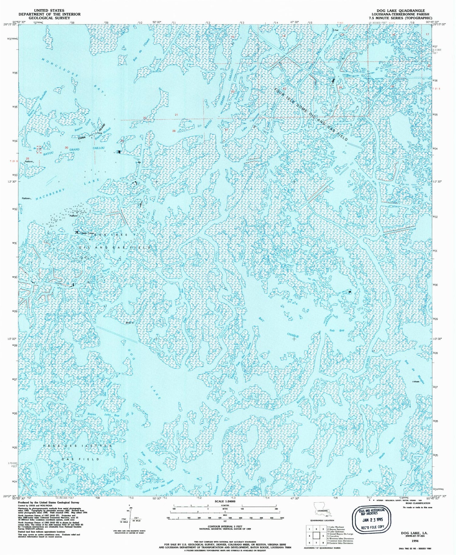 Classic USGS Dog Lake Louisiana 7.5'x7.5' Topo Map Image