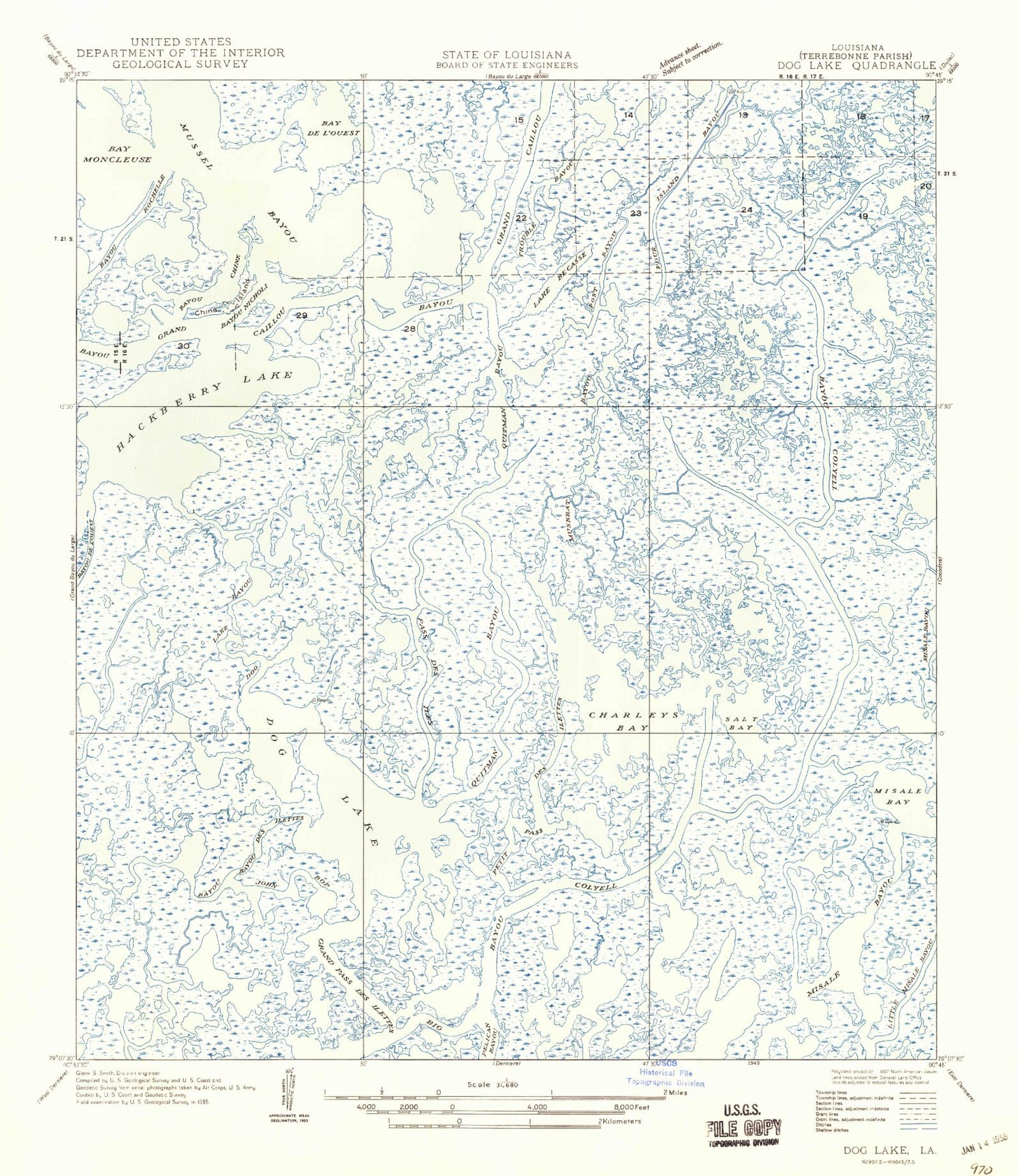 Classic USGS Dog Lake Louisiana 7.5'x7.5' Topo Map Image