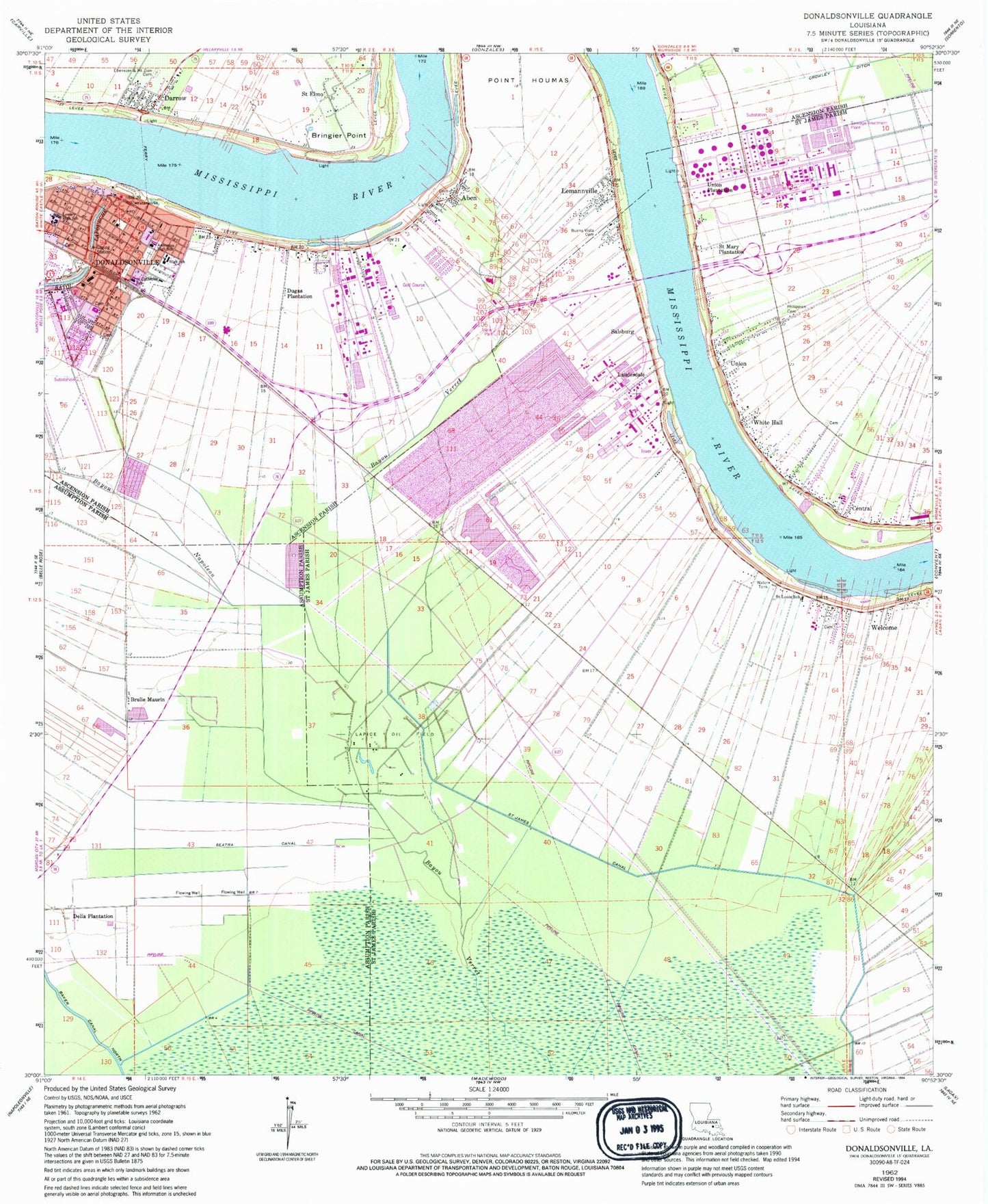 Classic USGS Donaldsonville Louisiana 7.5'x7.5' Topo Map Image