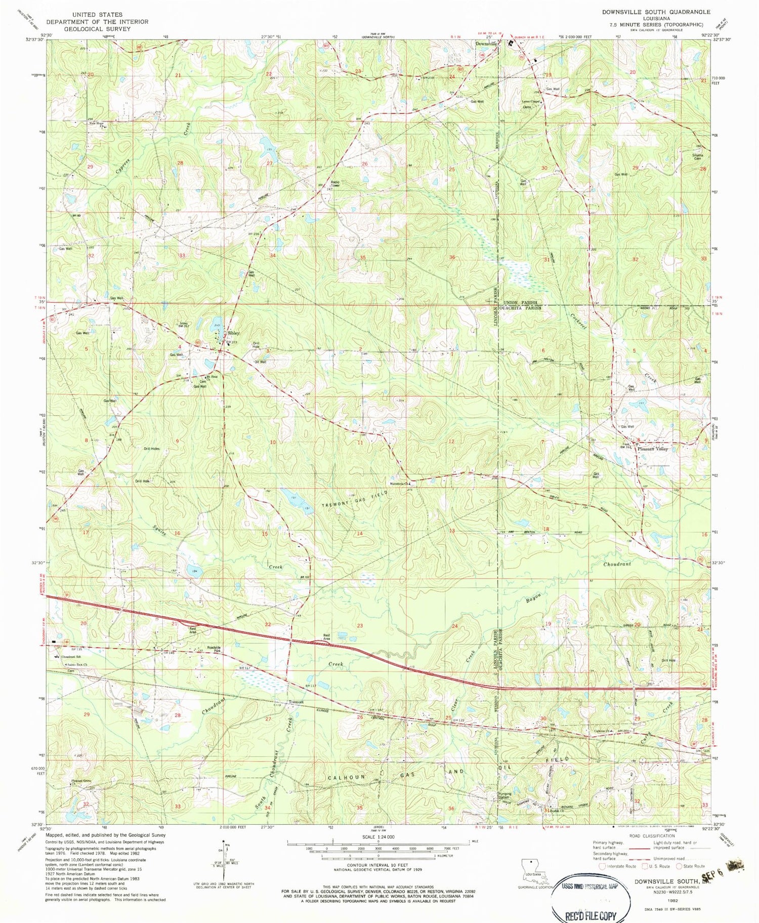 Classic USGS Downsville South Louisiana 7.5'x7.5' Topo Map Image