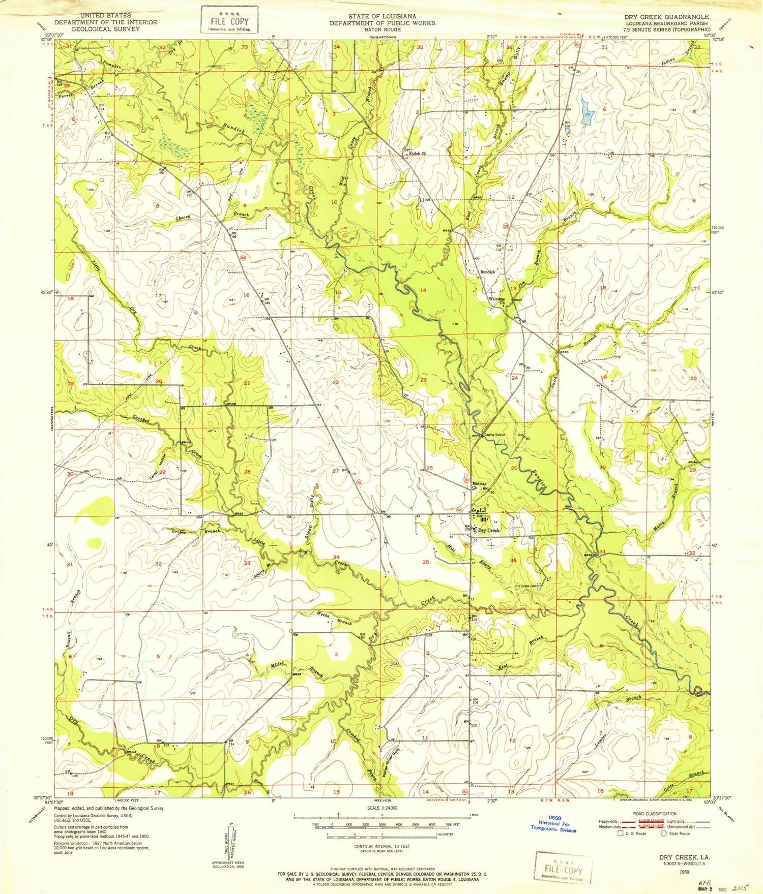 Classic USGS Dry Creek Louisiana 7.5'x7.5' Topo Map Image