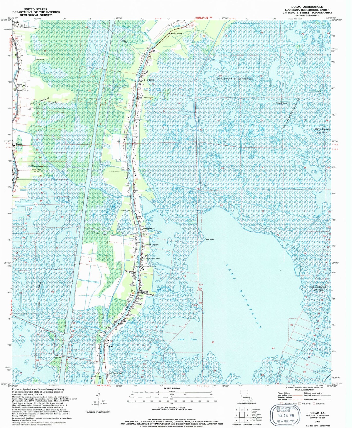 Classic USGS Dulac Louisiana 7.5'x7.5' Topo Map Image