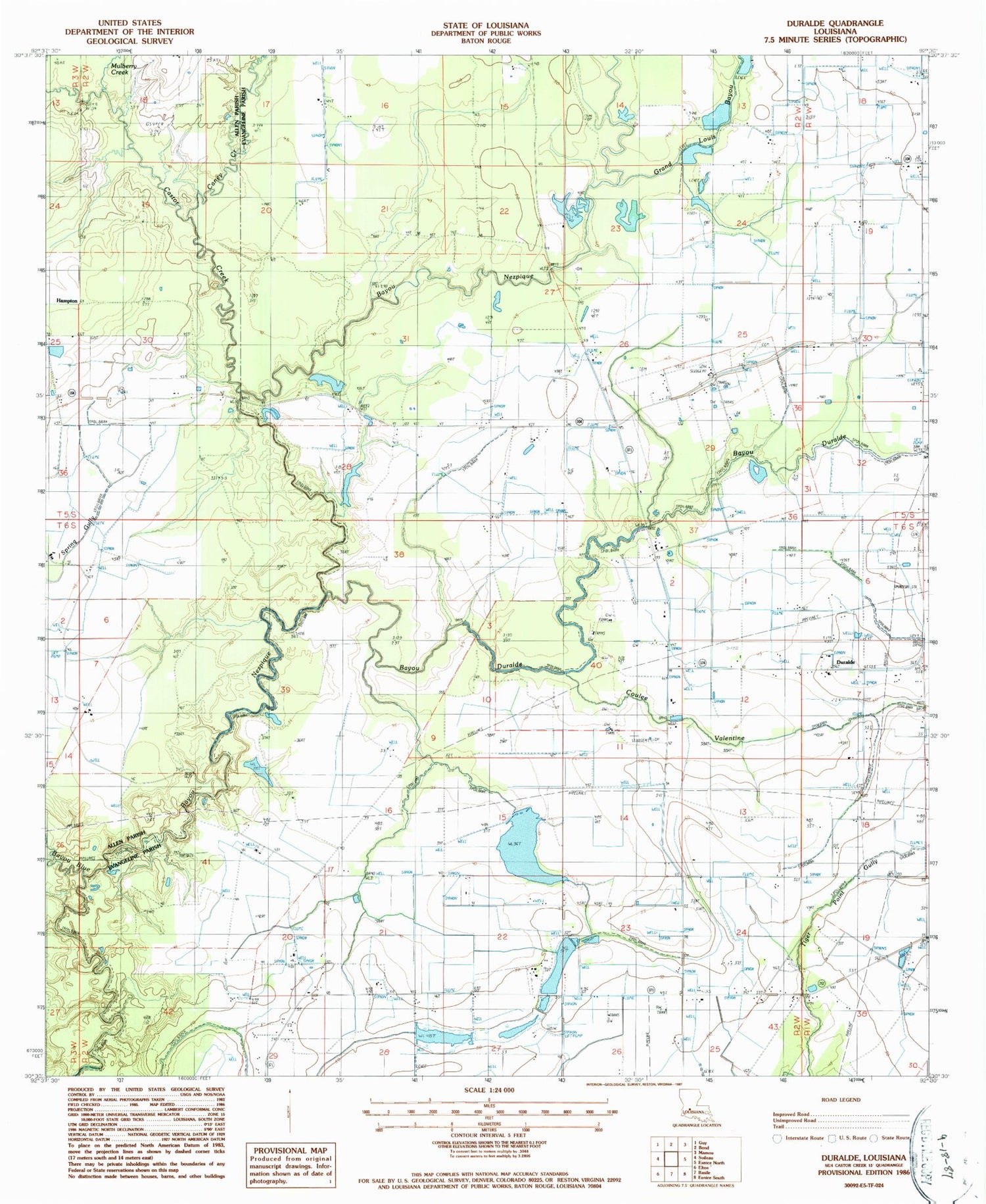 Classic USGS Duralde Louisiana 7.5'x7.5' Topo Map Image