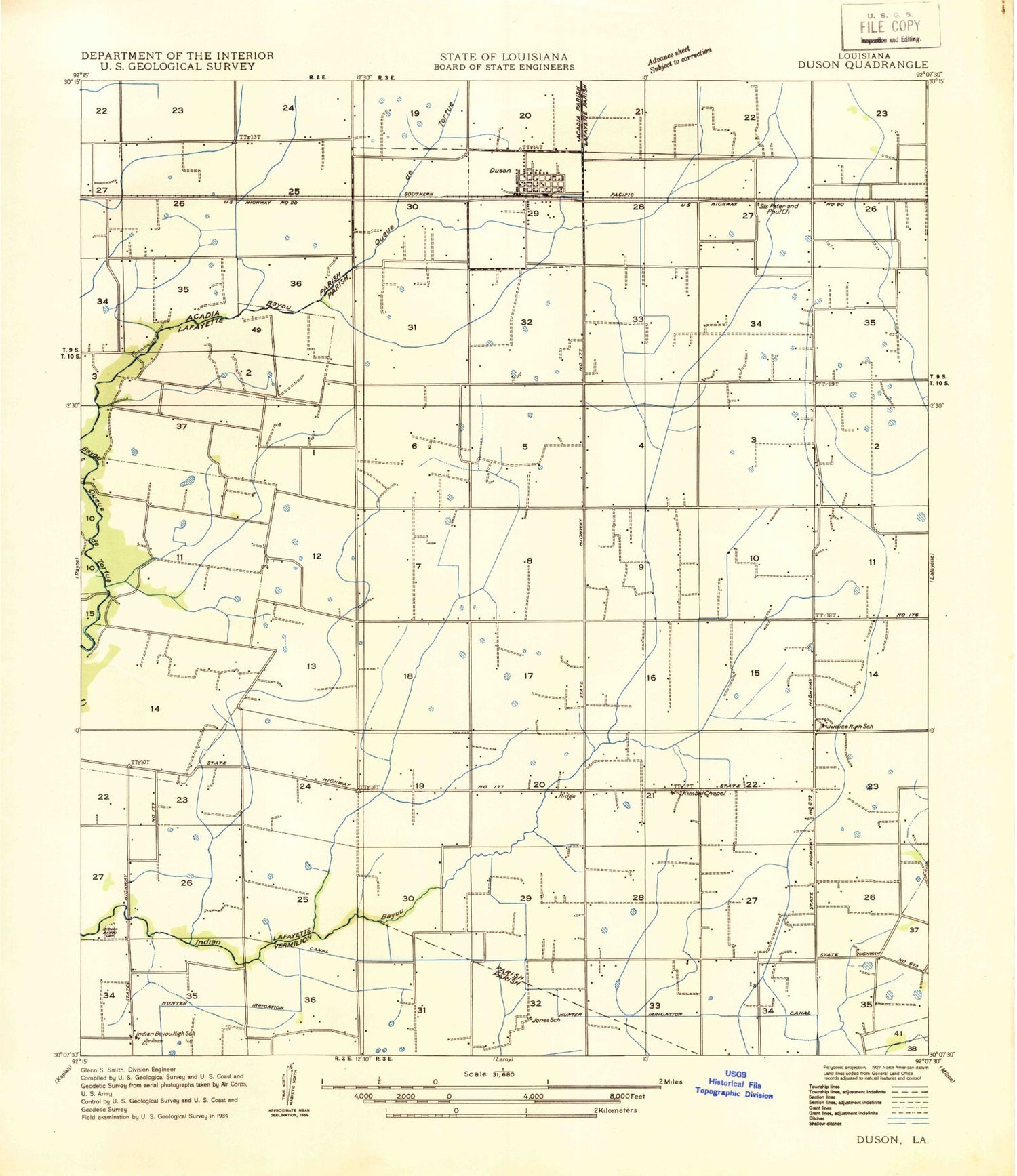 Classic USGS Duson Louisiana 7.5'x7.5' Topo Map Image