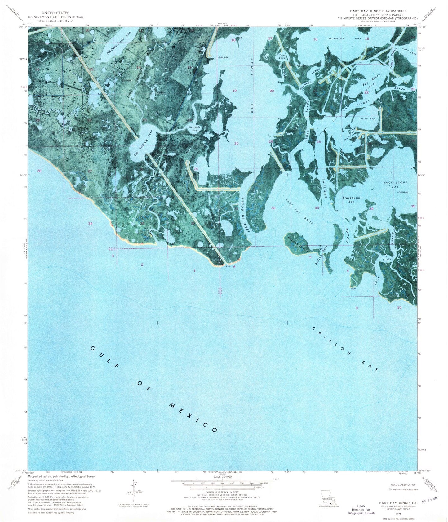 Classic USGS East Bay Junop Louisiana 7.5'x7.5' Topo Map Image