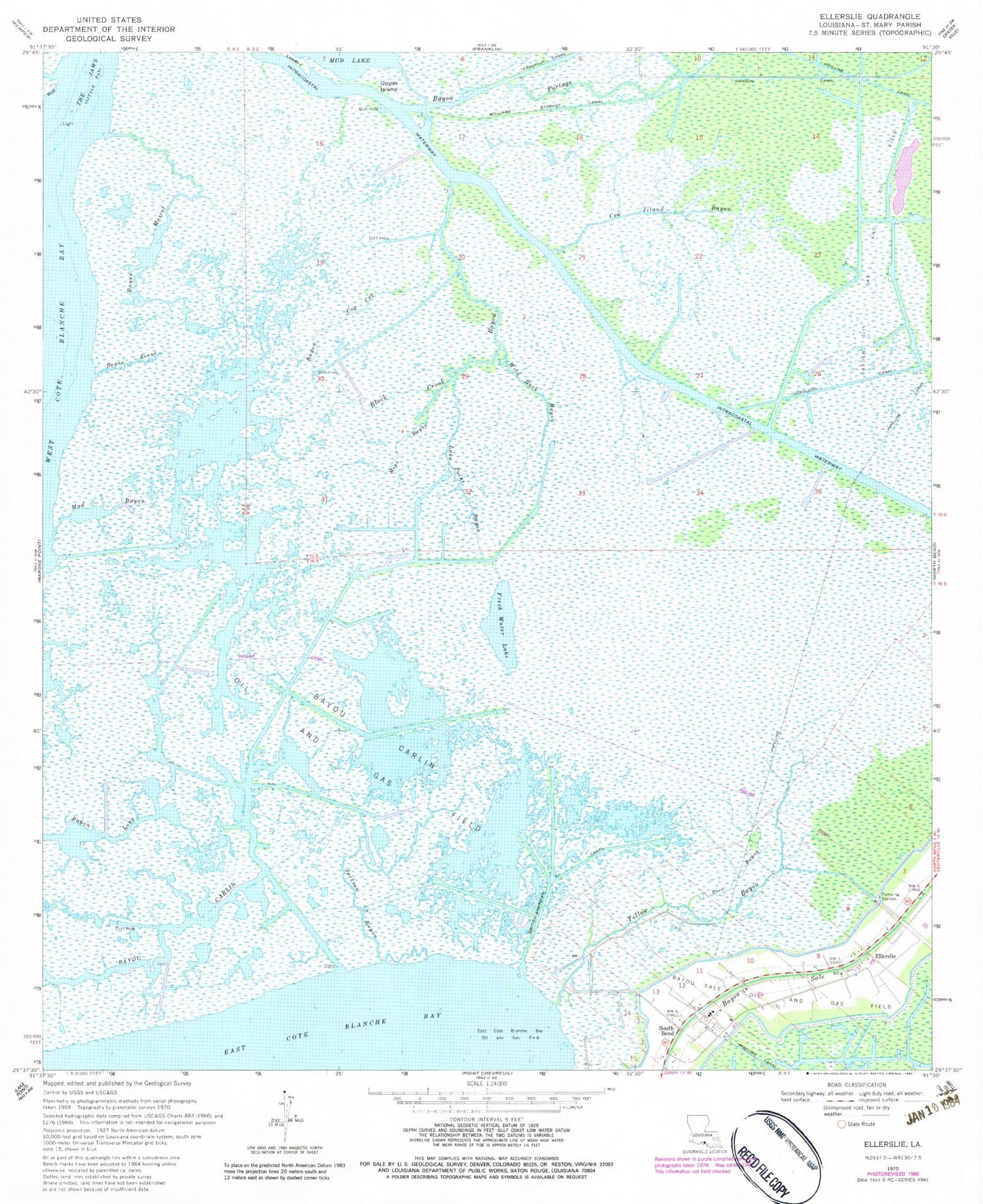Classic USGS Ellerslie Louisiana 7.5'x7.5' Topo Map Image