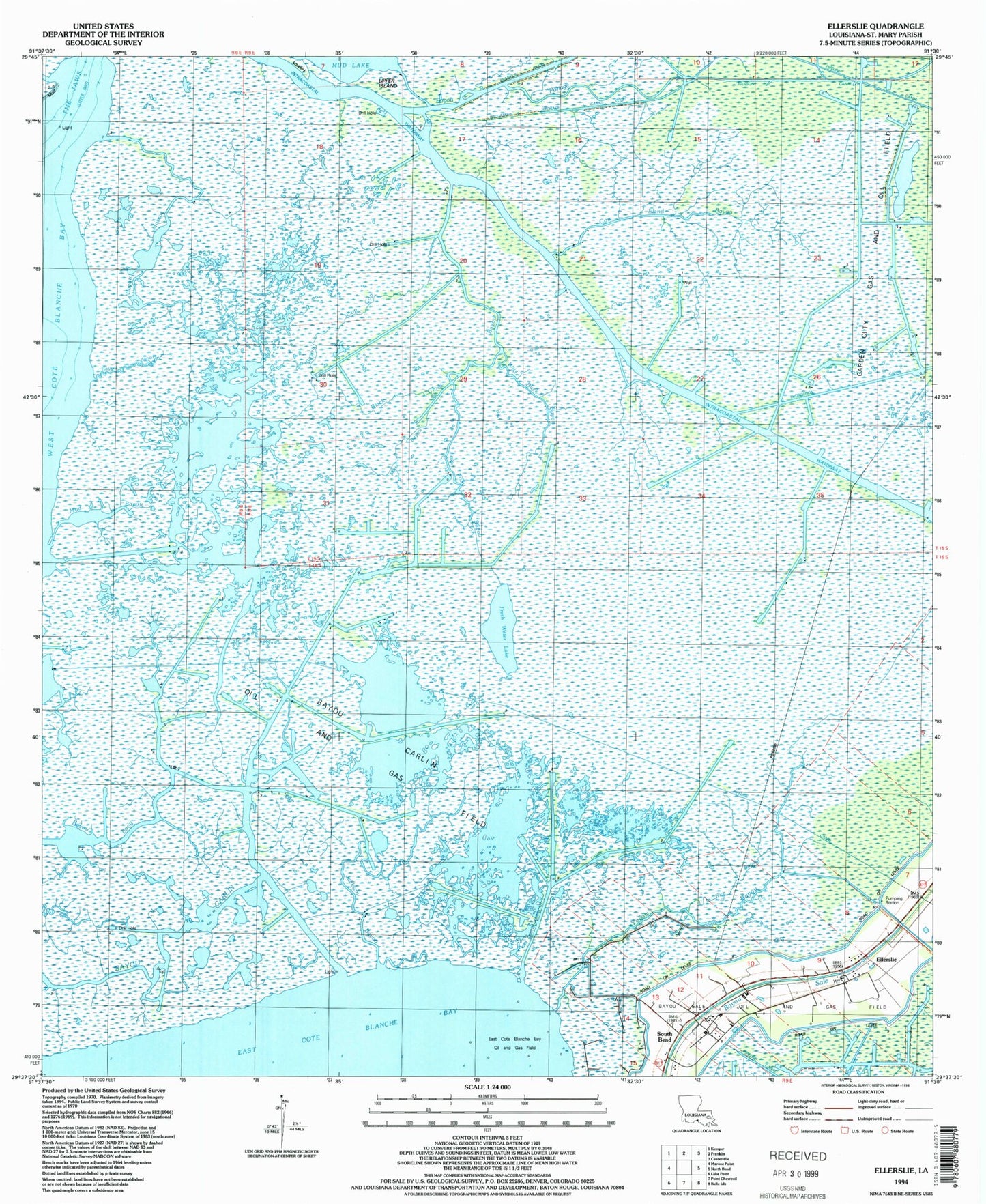 Classic USGS Ellerslie Louisiana 7.5'x7.5' Topo Map Image