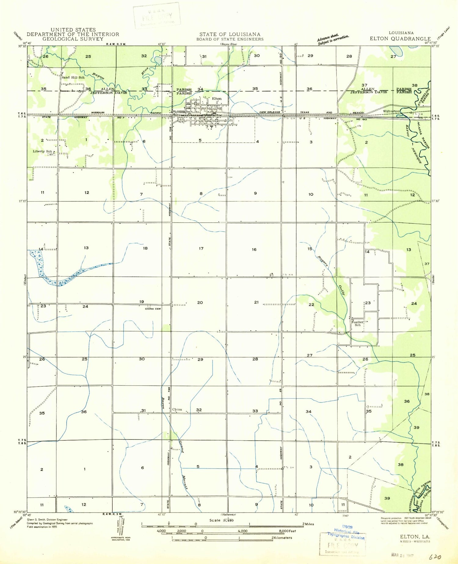 Classic USGS Elton Louisiana 7.5'x7.5' Topo Map Image
