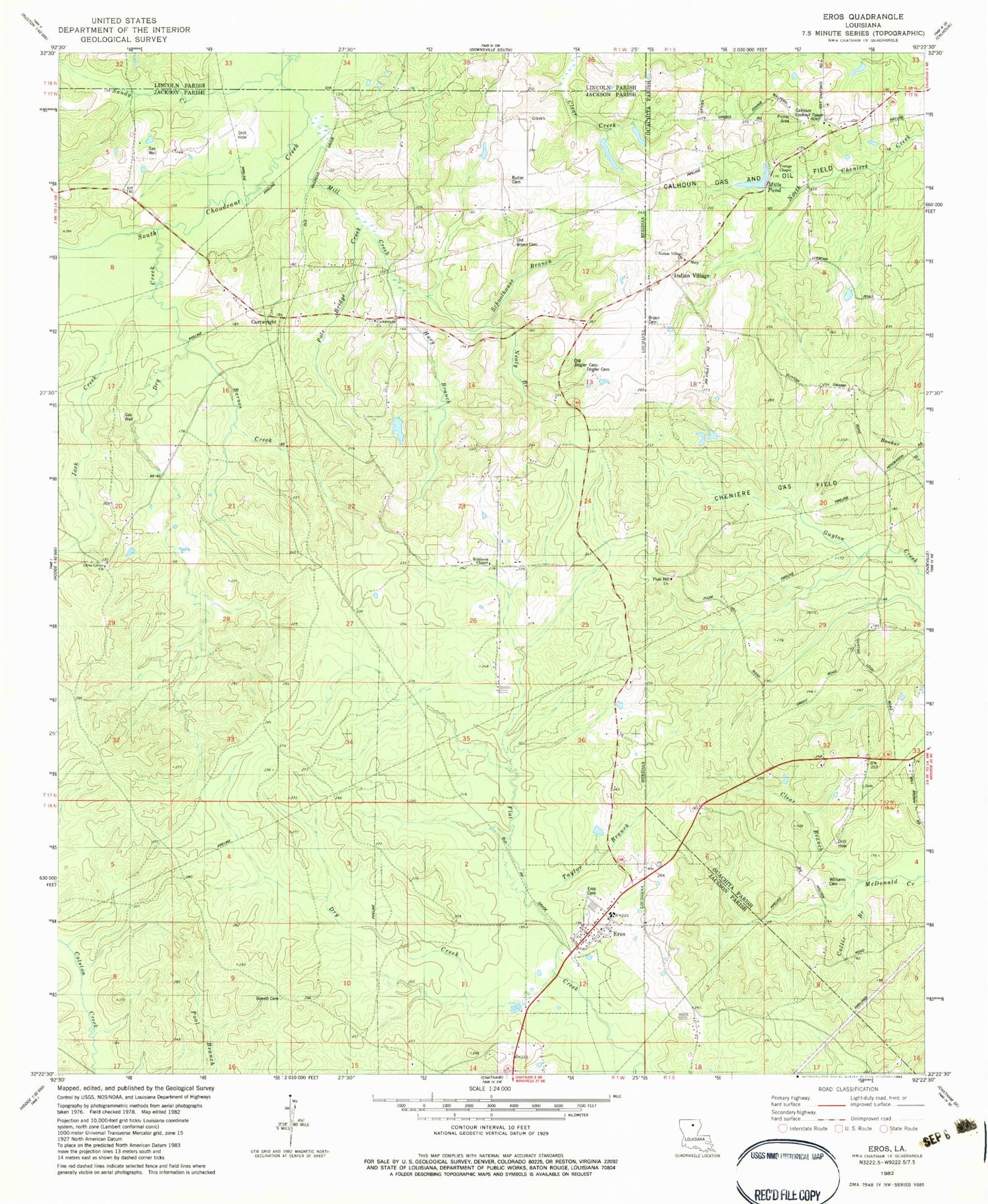 Classic USGS Eros Louisiana 7.5'x7.5' Topo Map Image