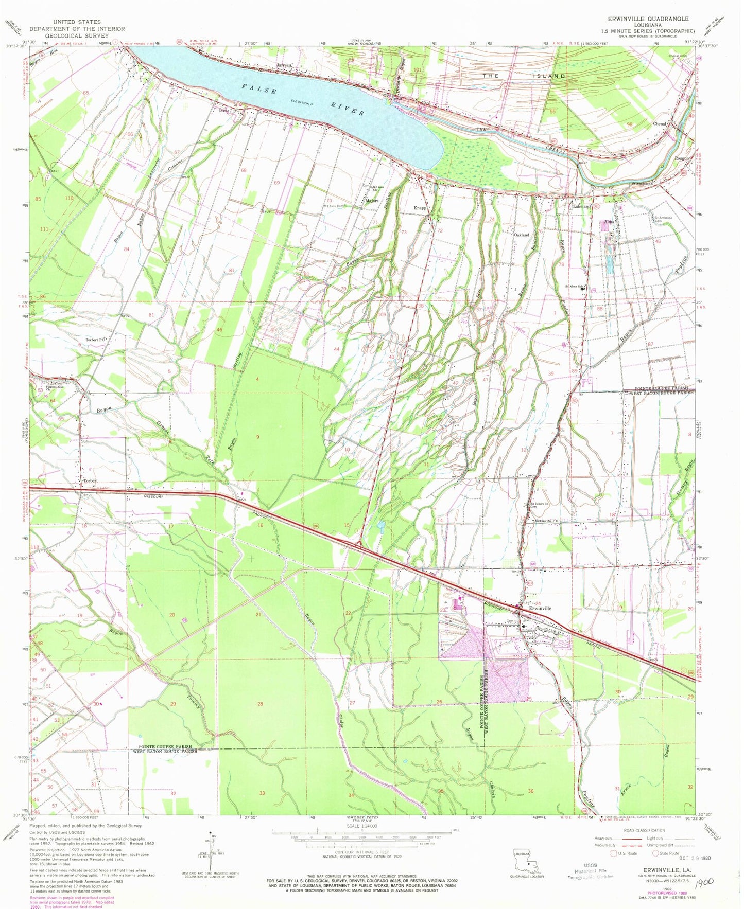 Classic USGS Erwinville Louisiana 7.5'x7.5' Topo Map Image