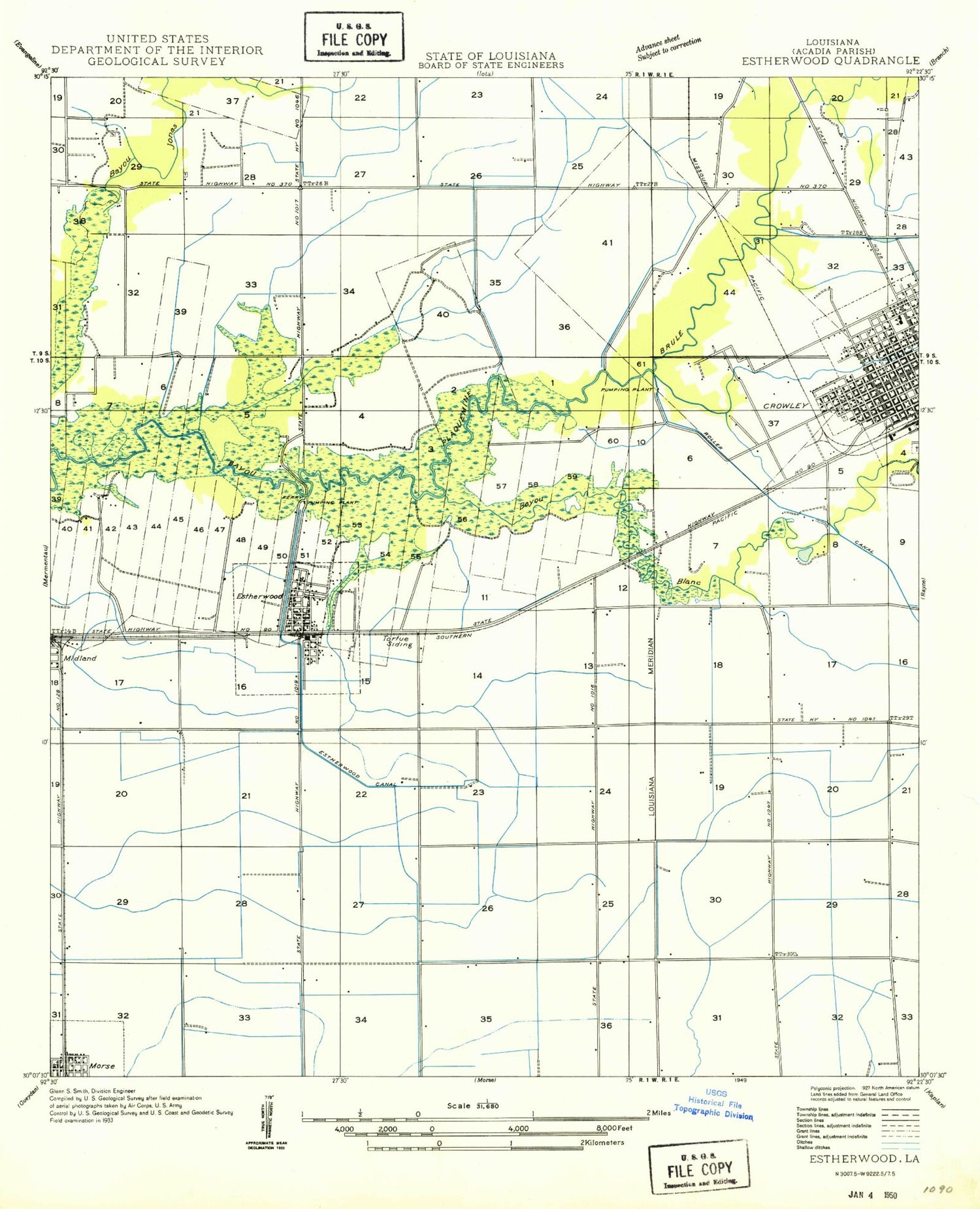 Classic USGS Crowley West Louisiana 7.5'x7.5' Topo Map Image