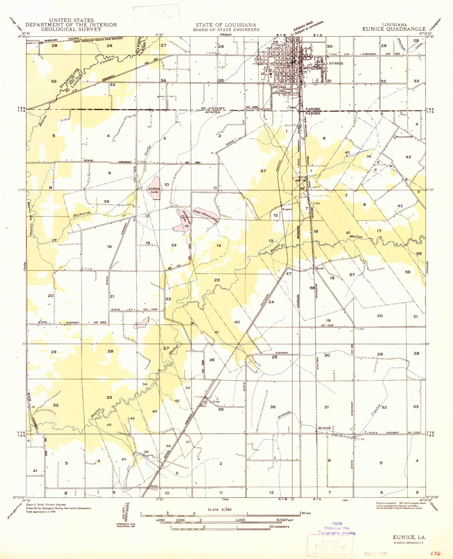 Classic USGS Eunice South Louisiana 7.5'x7.5' Topo Map Image
