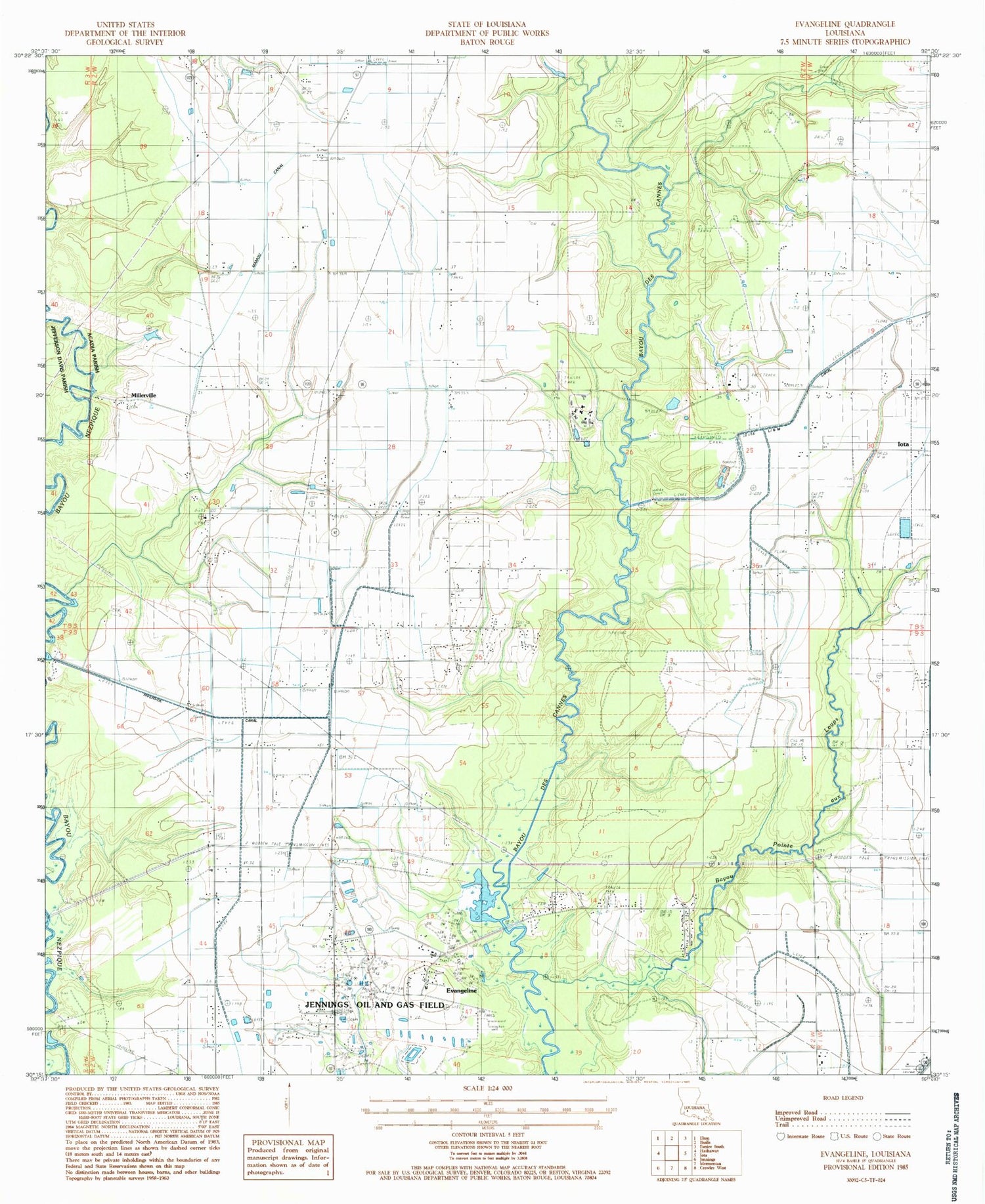Classic USGS Evangeline Louisiana 7.5'x7.5' Topo Map Image