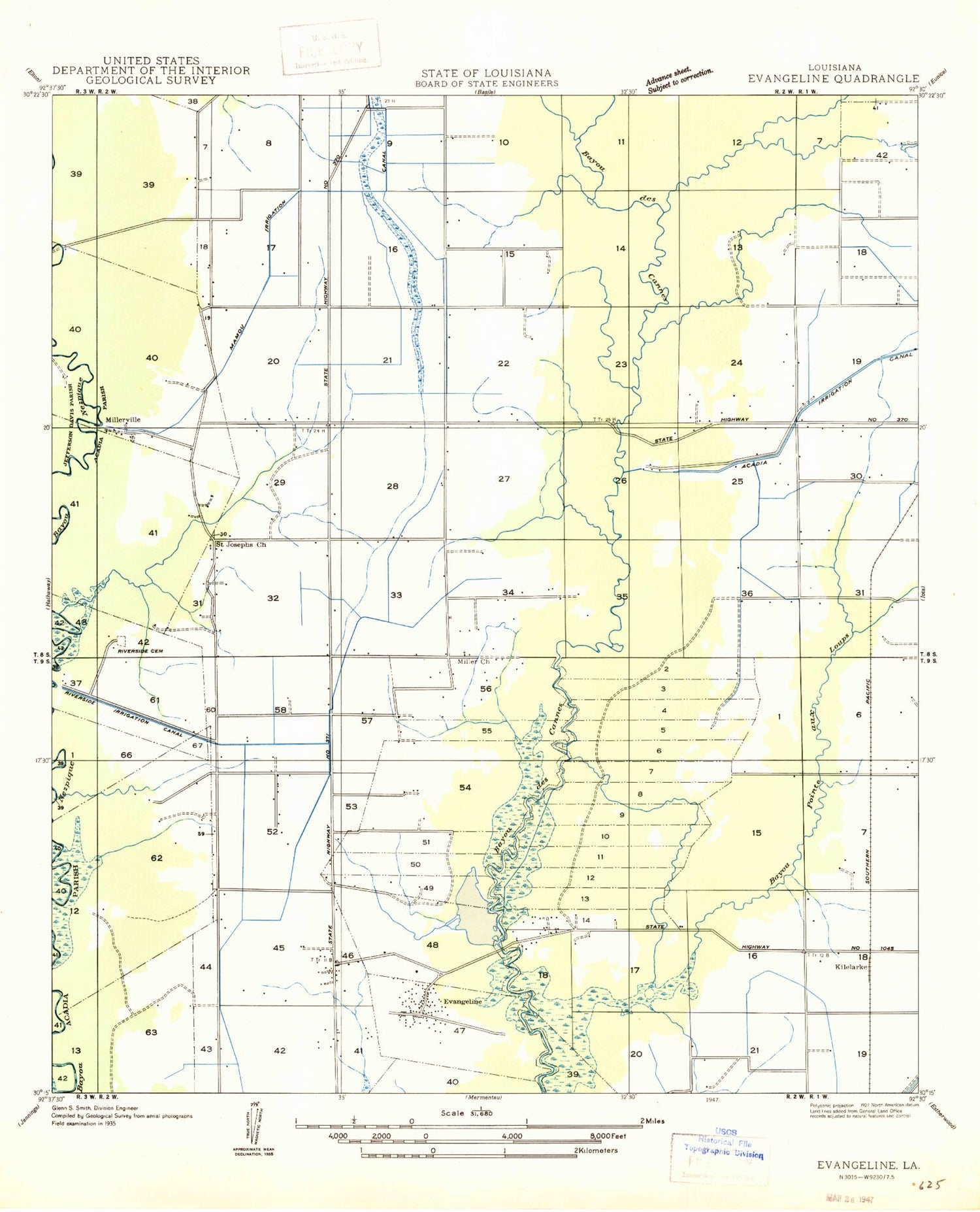 Classic USGS Evangeline Louisiana 7.5'x7.5' Topo Map Image