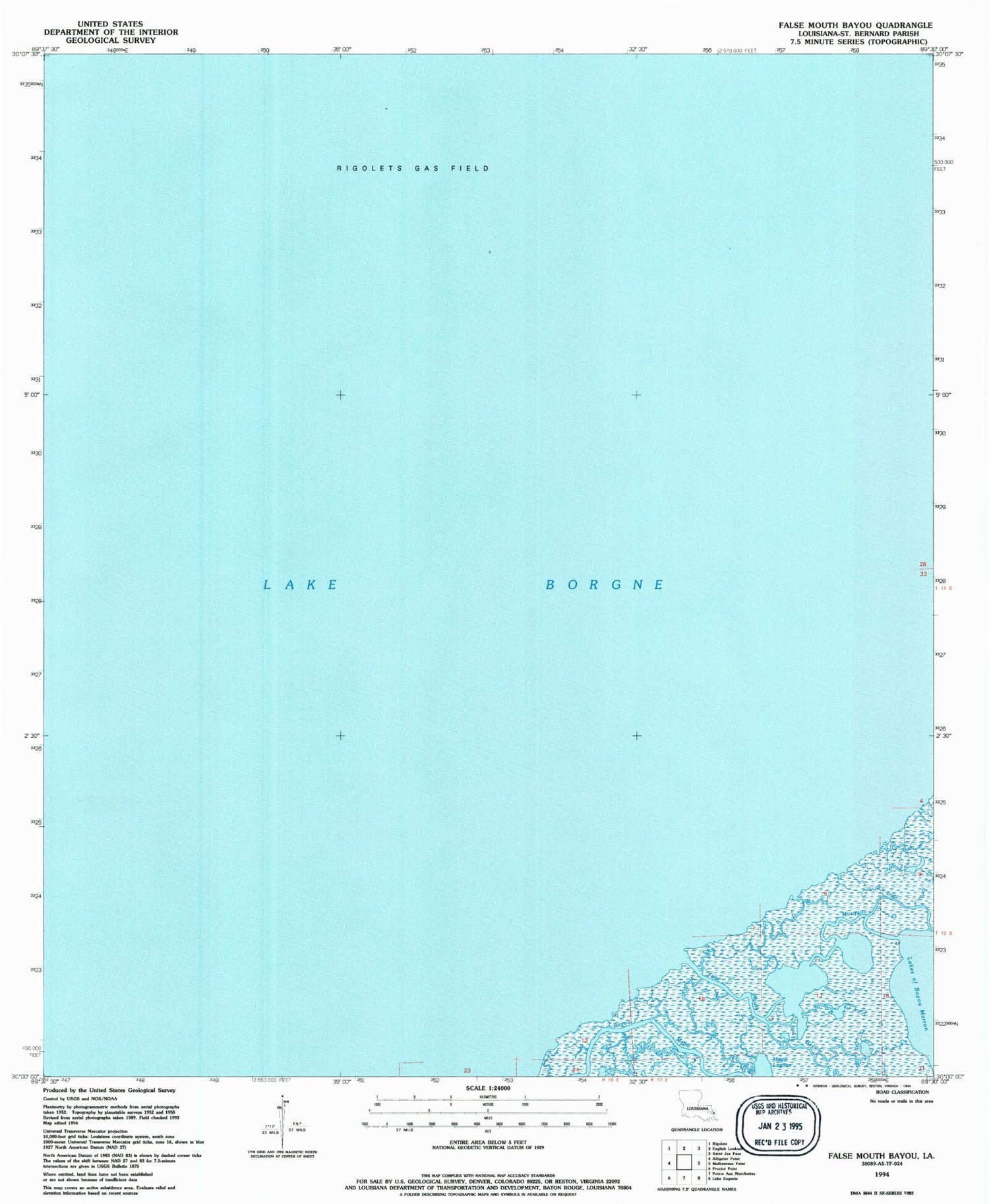 Classic USGS False Mouth Bayou Louisiana 7.5'x7.5' Topo Map Image