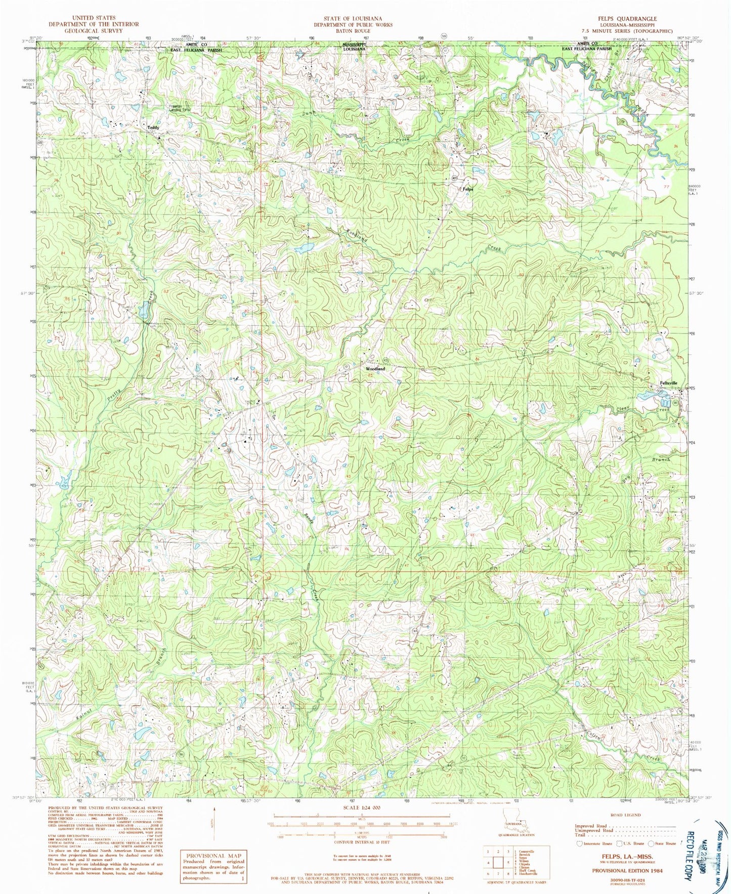 Classic USGS Felps Louisiana 7.5'x7.5' Topo Map Image