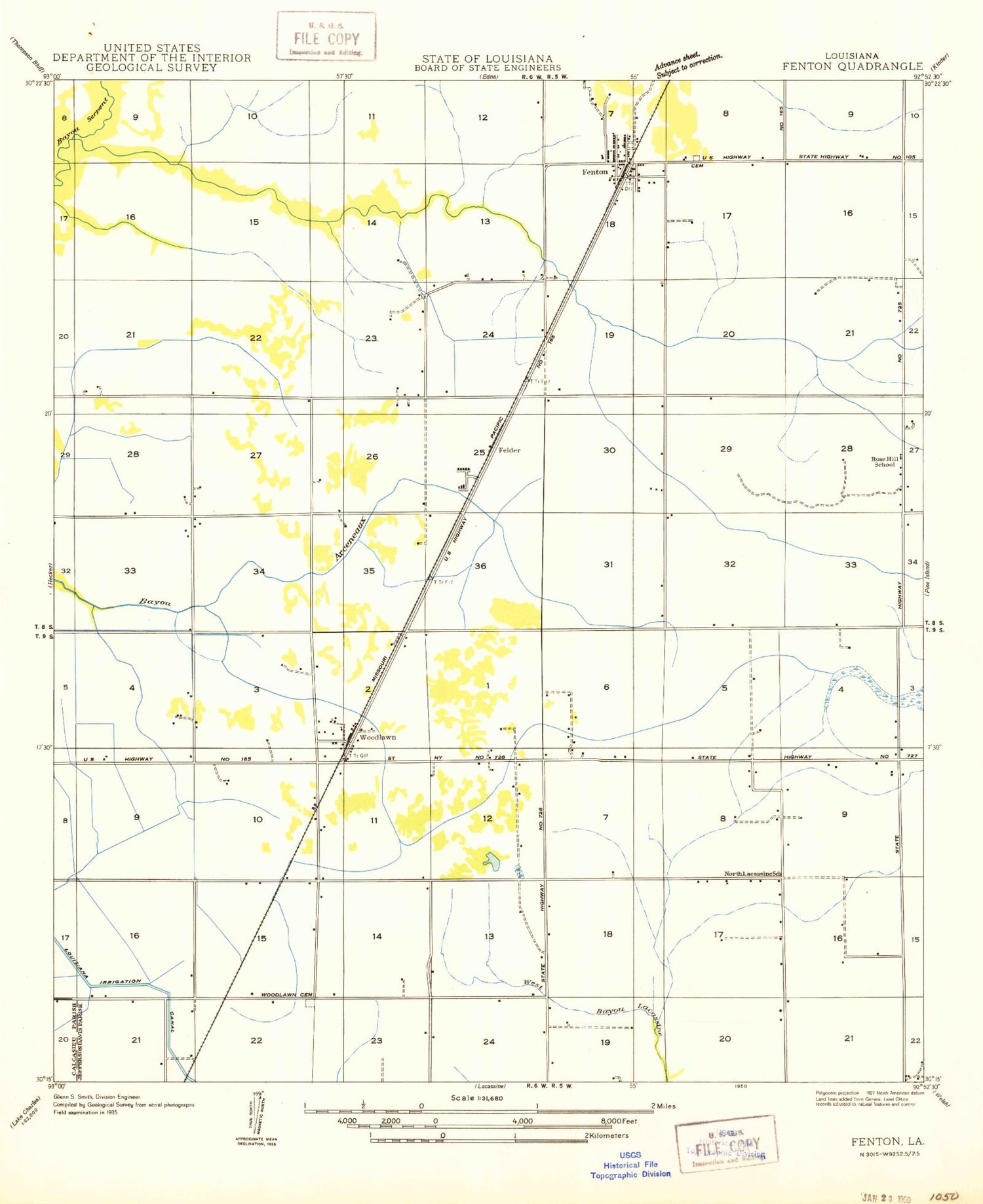Classic USGS Fenton Louisiana 7.5'x7.5' Topo Map Image