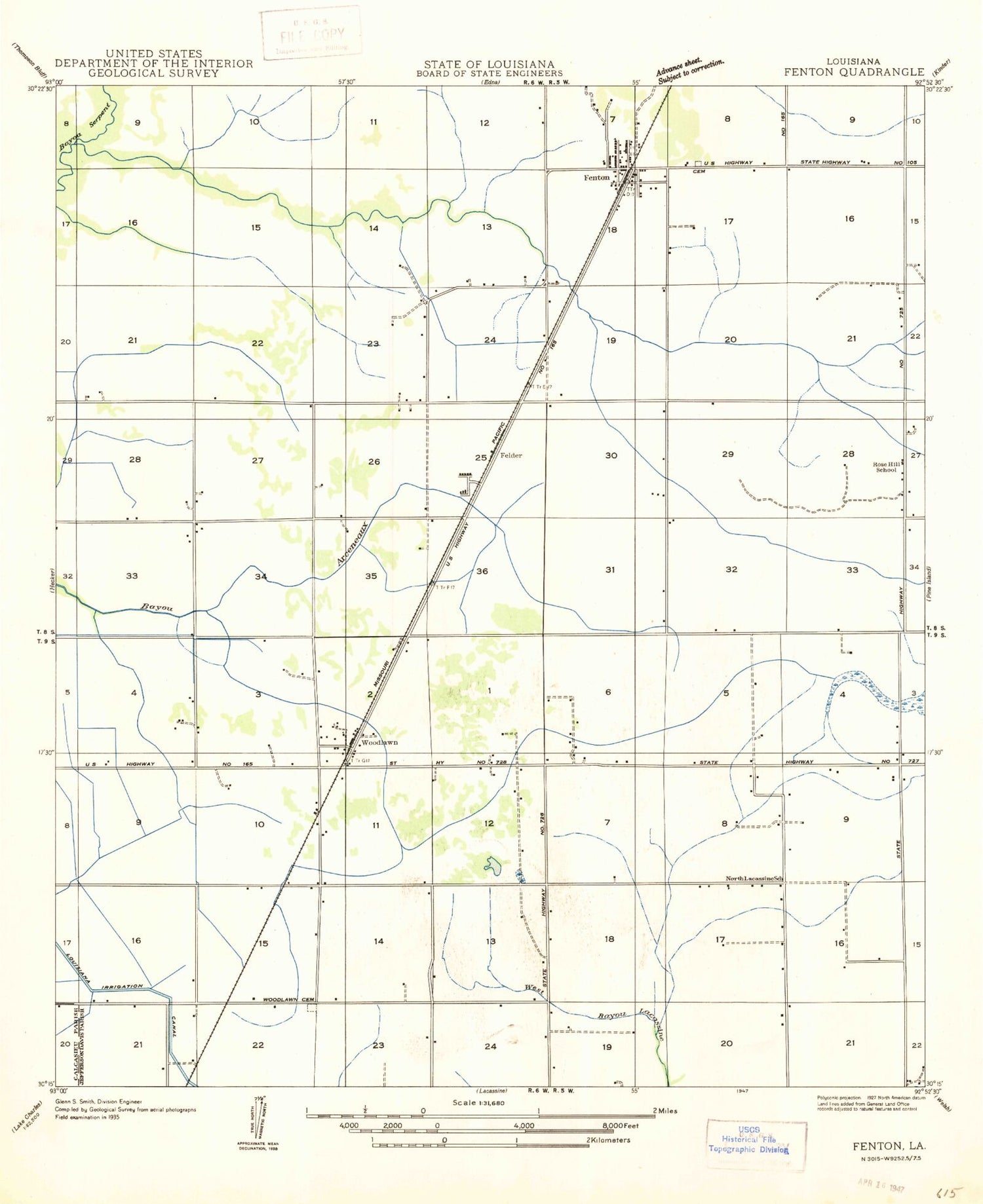 Classic USGS Fenton Louisiana 7.5'x7.5' Topo Map Image