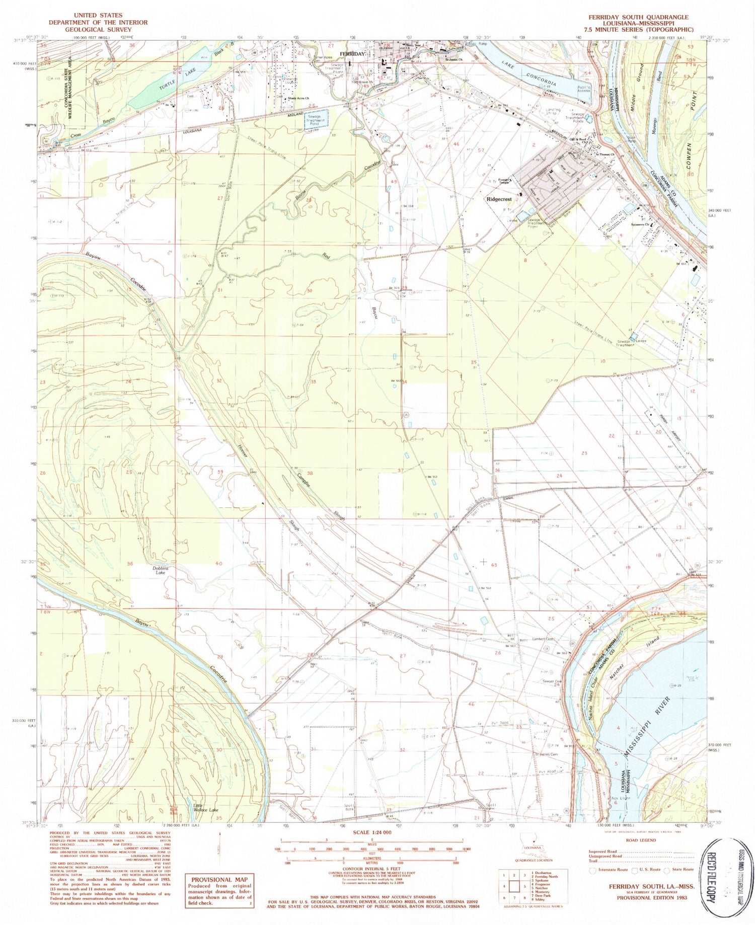 Classic USGS Ferriday South Louisiana 7.5'x7.5' Topo Map Image