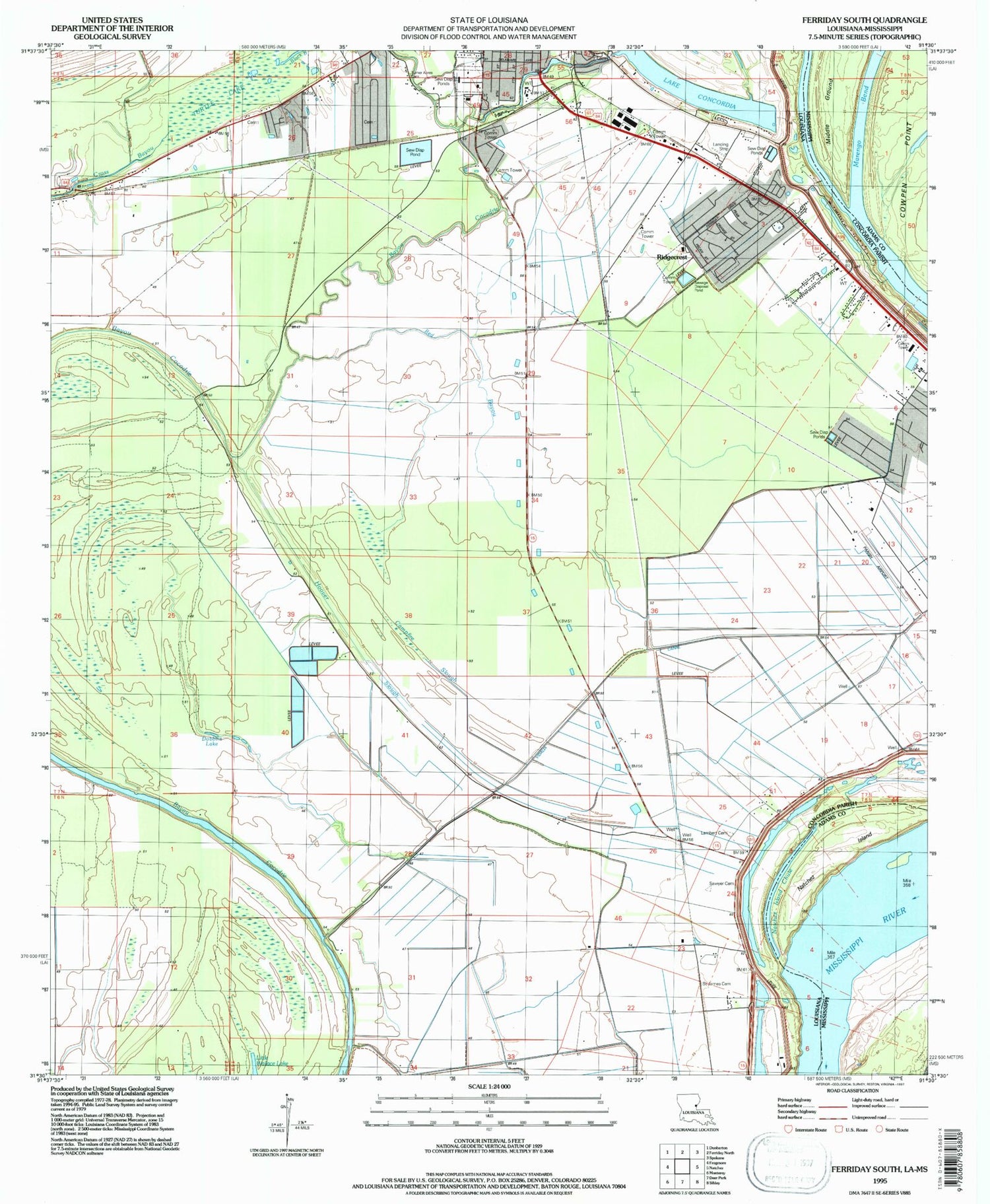 Classic USGS Ferriday South Louisiana 7.5'x7.5' Topo Map Image