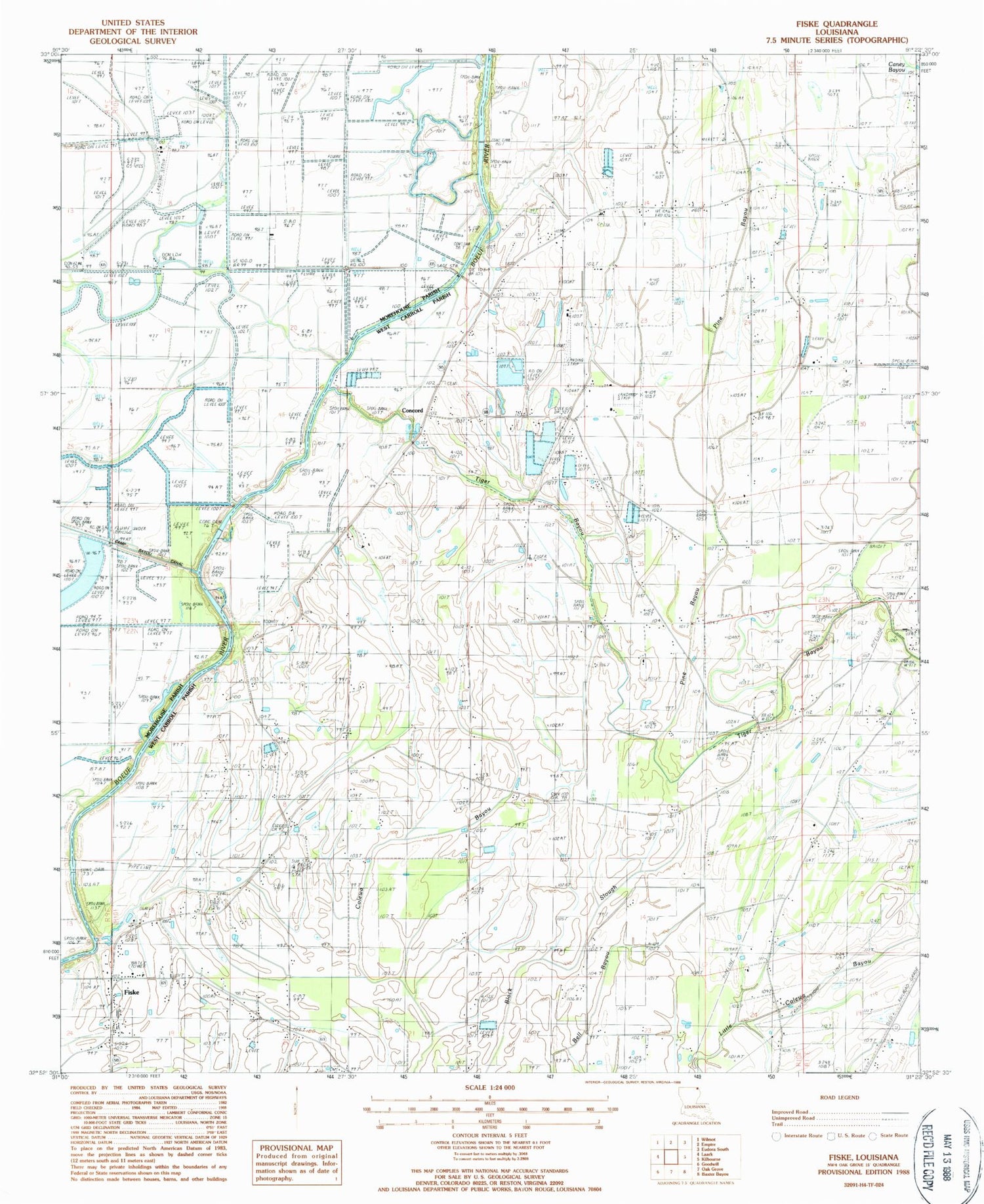 Classic USGS Fiske Louisiana 7.5'x7.5' Topo Map Image