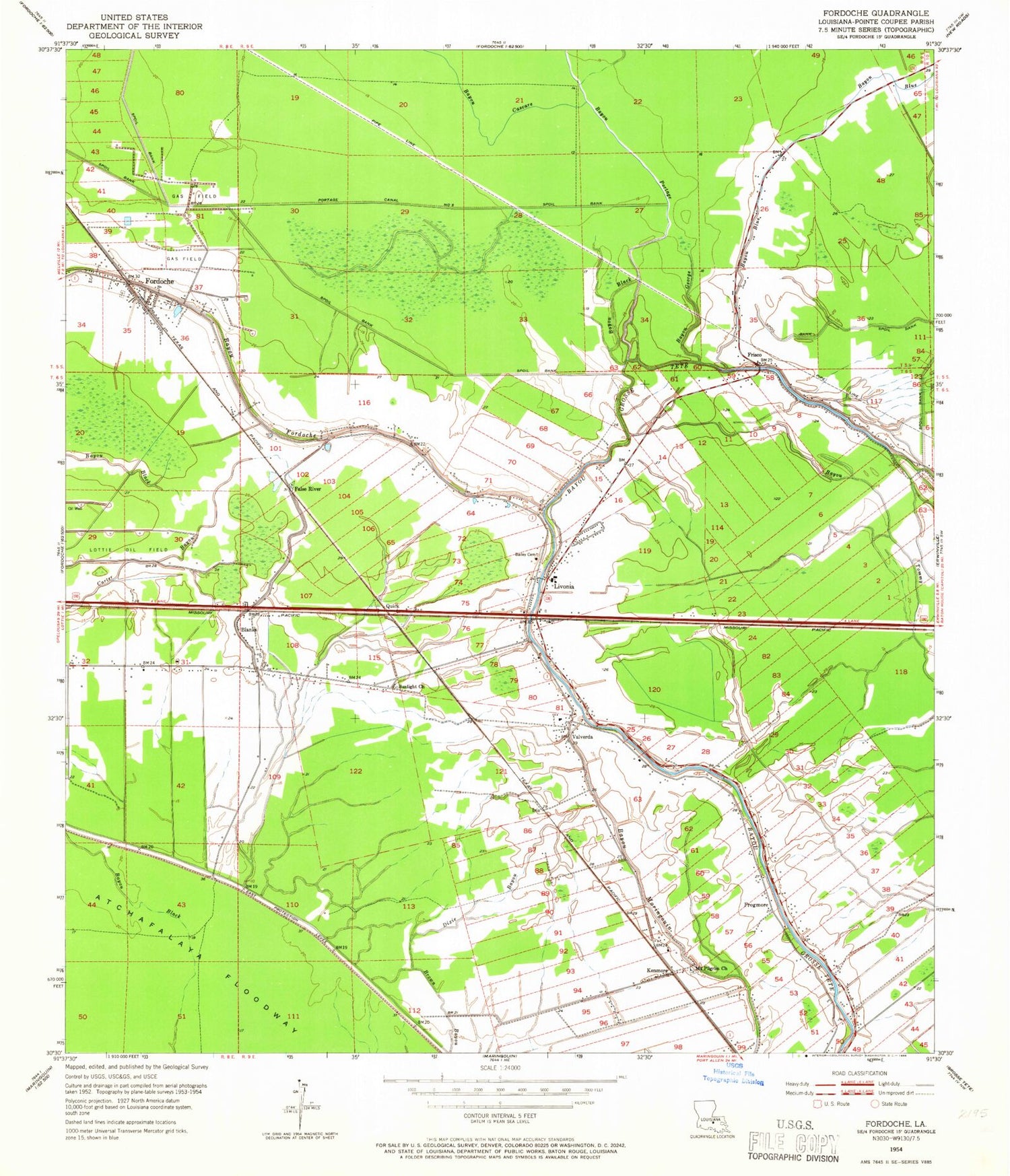 Classic USGS Fordoche Louisiana 7.5'x7.5' Topo Map Image