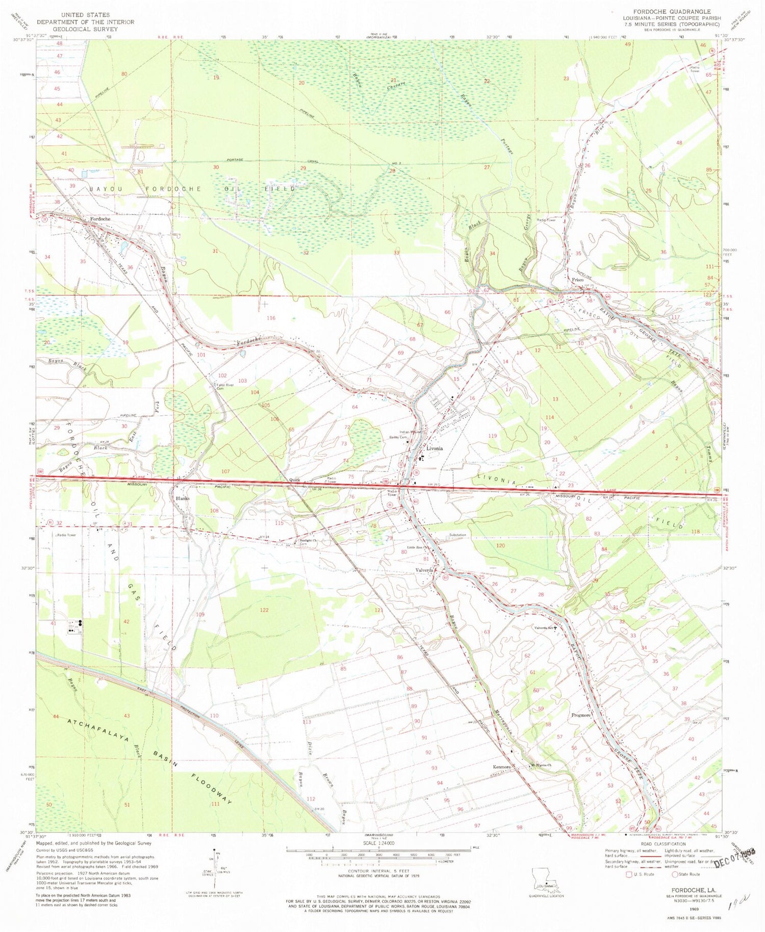Classic USGS Fordoche Louisiana 7.5'x7.5' Topo Map Image