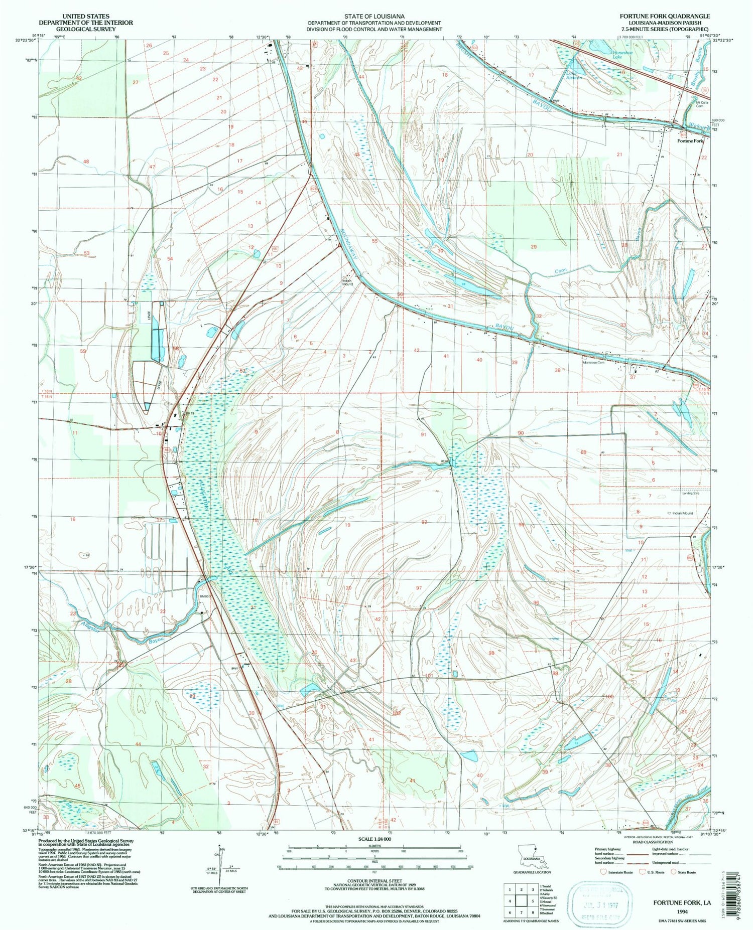 Classic USGS Fortune Fork Louisiana 7.5'x7.5' Topo Map Image