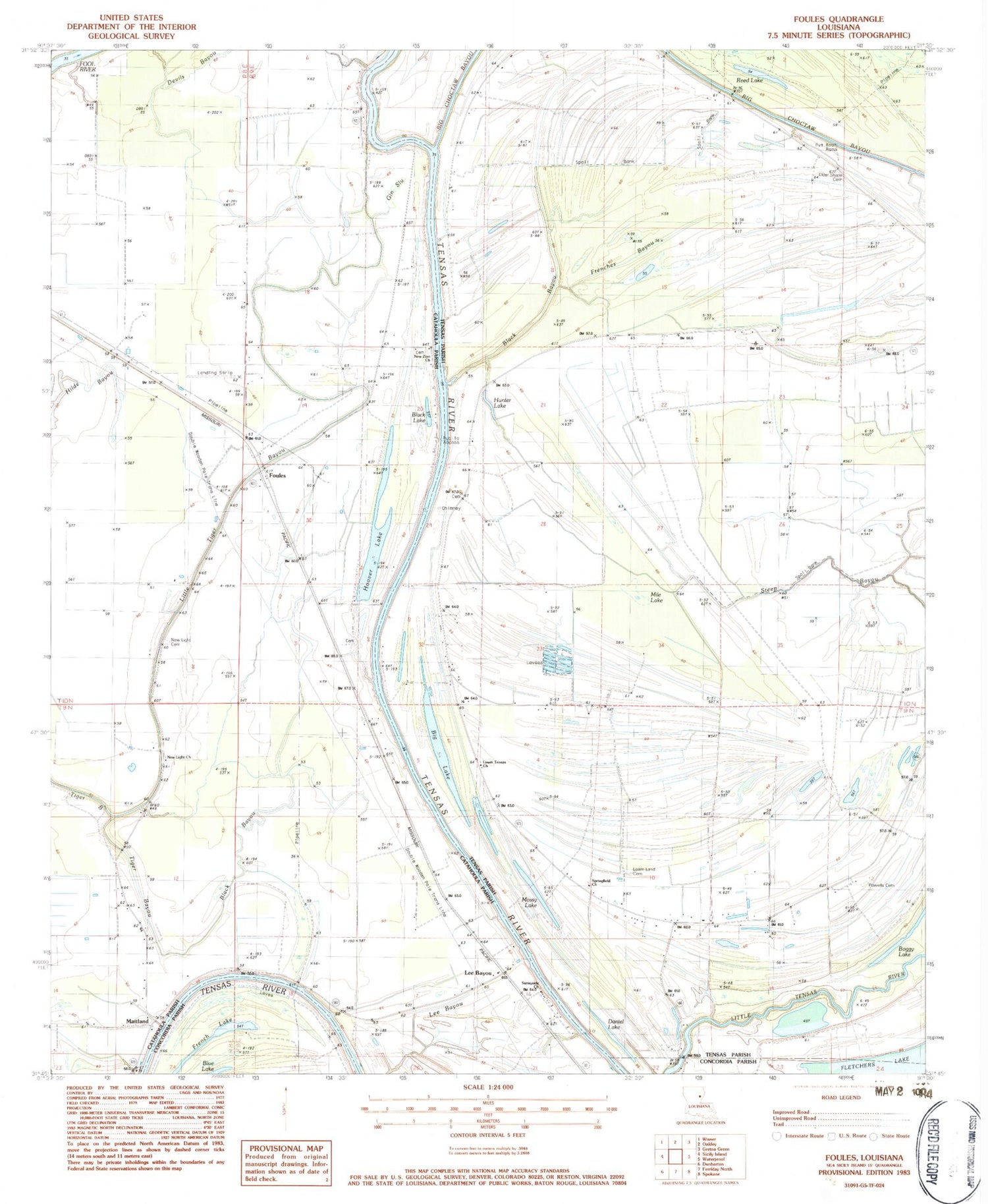 Classic USGS Foules Louisiana 7.5'x7.5' Topo Map Image