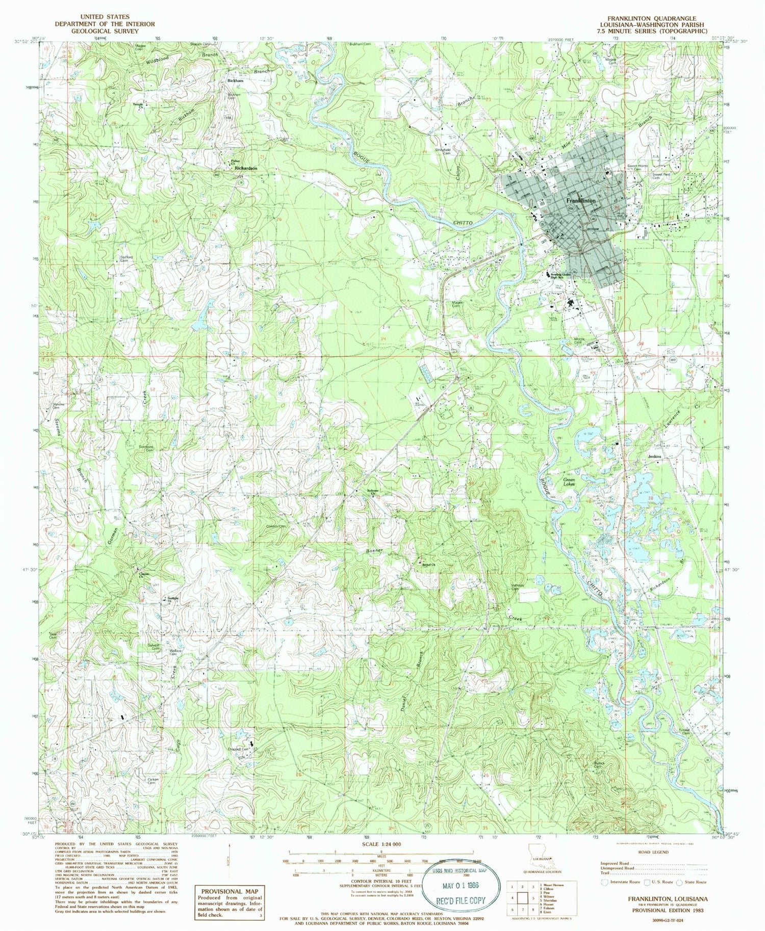 Classic USGS Franklinton Louisiana 7.5'x7.5' Topo Map Image