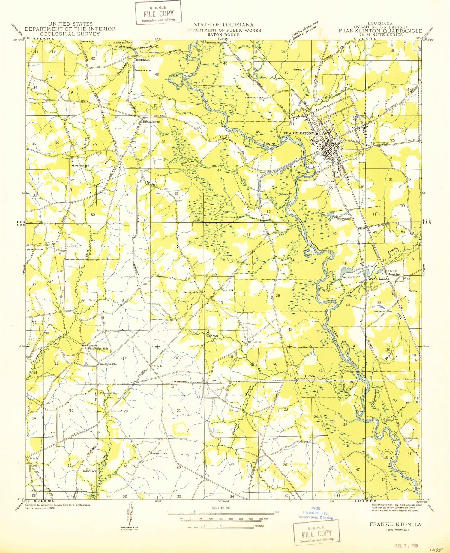 Classic USGS Franklinton Louisiana 7.5'x7.5' Topo Map Image