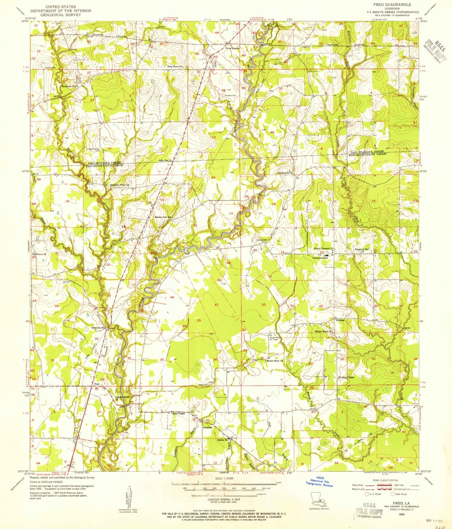Classic USGS Fred Louisiana 7.5'x7.5' Topo Map Image