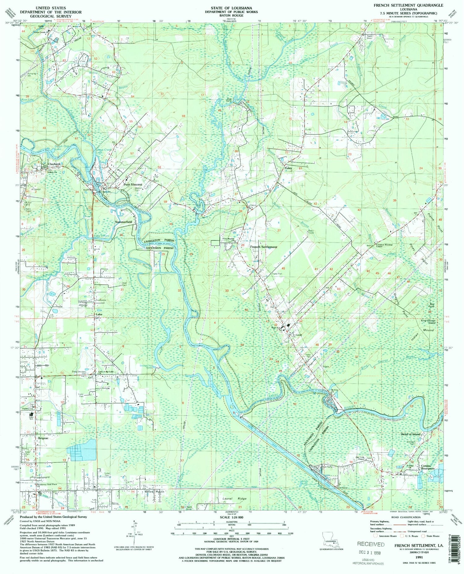 Classic USGS French Settlement Louisiana 7.5'x7.5' Topo Map Image