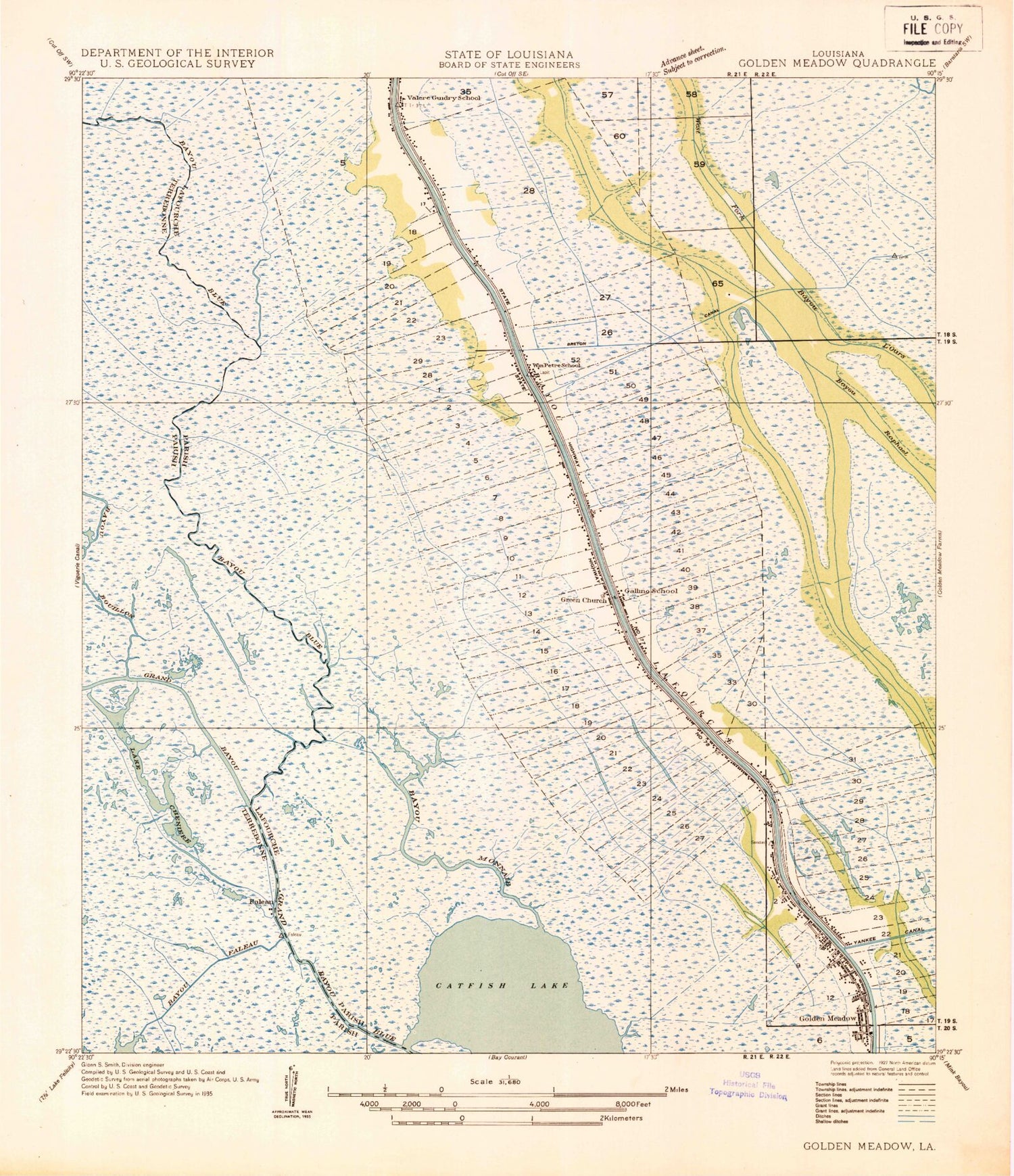 Classic USGS Golden Meadow Louisiana 7.5'x7.5' Topo Map Image