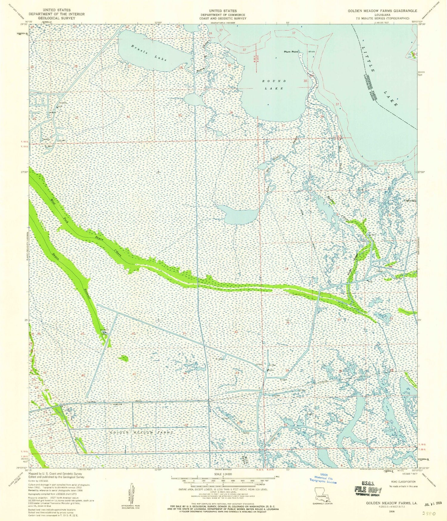 Classic USGS Golden Meadow Farms Louisiana 7.5'x7.5' Topo Map Image