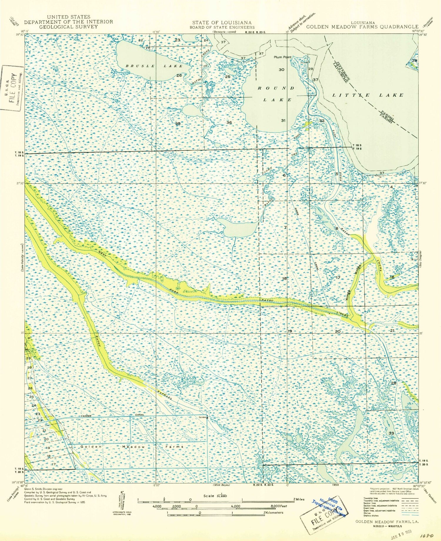 Classic USGS Golden Meadow Farms Louisiana 7.5'x7.5' Topo Map Image